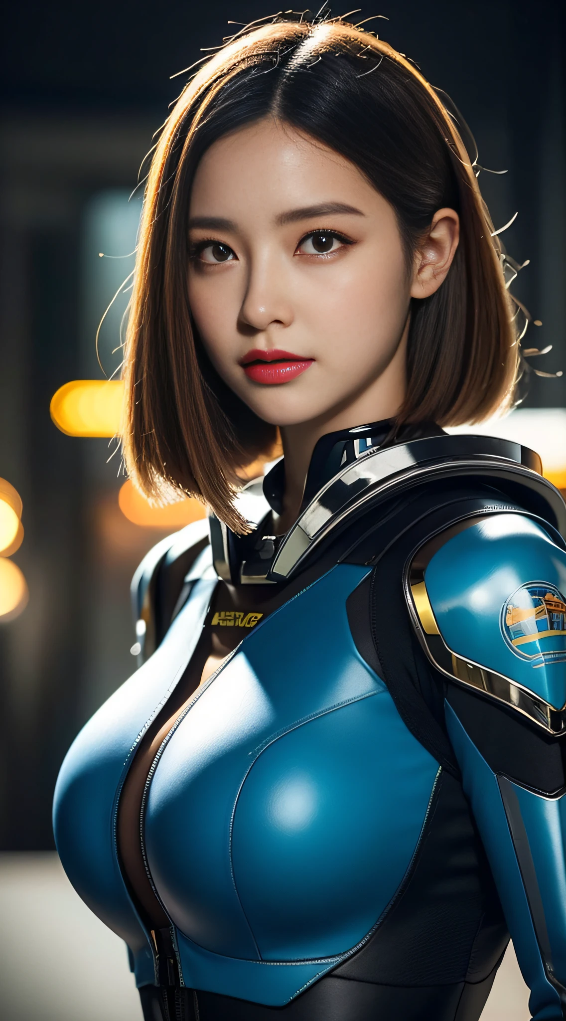 Highest image quality, outstanding details, ultra-high resolution, (realism: 1.4), the best illustration, favor details, highly condensed 1girl, with a delicate and beautiful face, gigantic boobs,sexy dressed in a black and blue mecha, wearing a mecha helmet, holding a directional controller, riding on a mechnized, the background is a high-tech lighting scene of the future city.