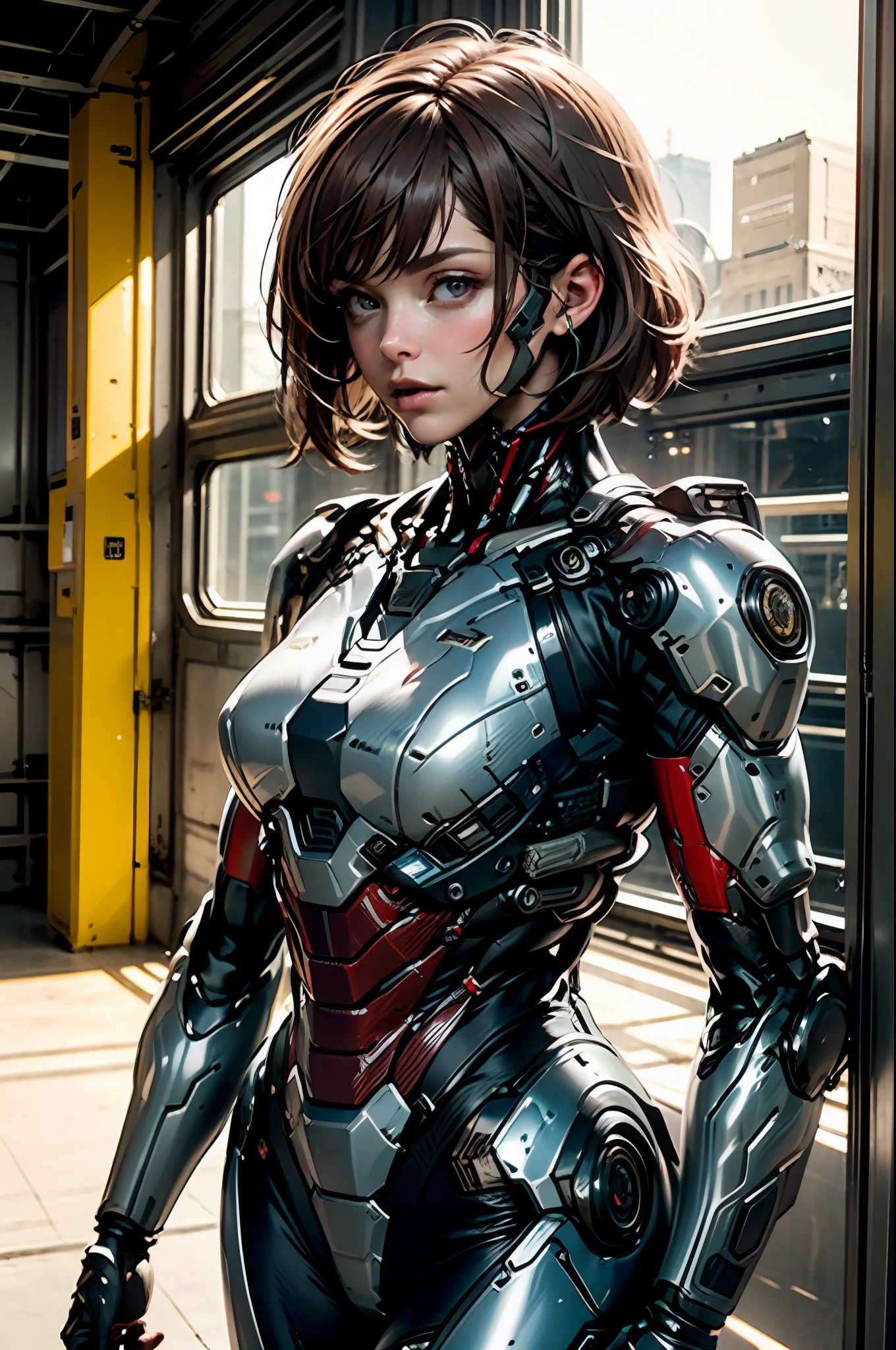 8k, ultra detail, masterpiece, top quality, (very detailed), dynamic angle, cowboy shot, rim lighting, cinematic light, ultra high resolution, 8k UHD, film grain, best shadow, delicate, raw, light particles, detailed skin texture, detailed suit texture, detailed face, complex detail, ultra detail, bright, strong, white and black cyber suit, very shiny suit, very shiny skin,pole dron complex complex, perfect lighting, watch viewer, movie lighting, vivid,dark brown hair, bangs, bob cut,mecha space station