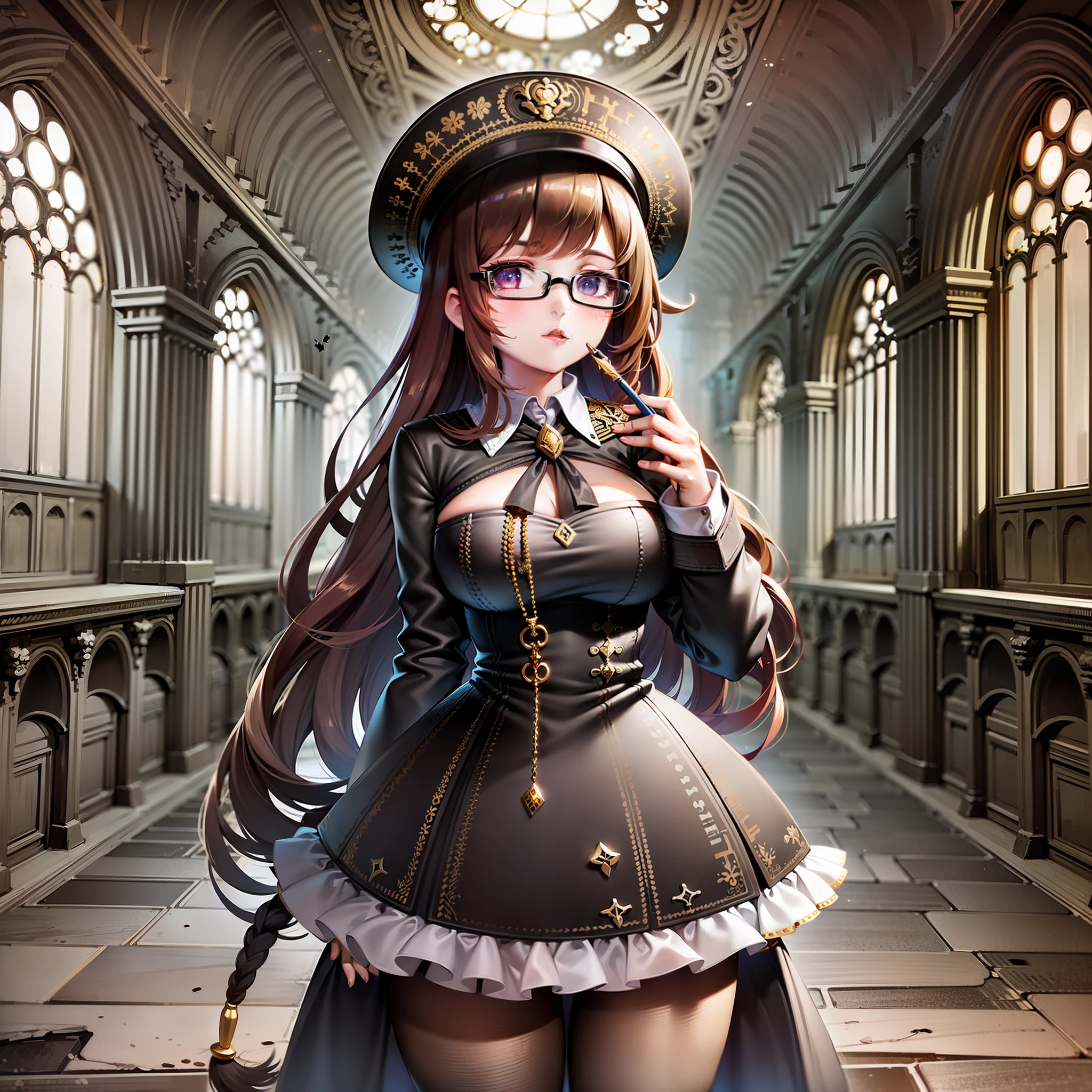 (Golden Ratio:1.2),[(white background:1.4)::10],(masterpiece), (best quality), (ultra detailed),(disheveled hair),(illustration),(1 girl:1.2),solo,brown hair,shiny hair,long straight hair,huge breasts,(Newsboy hat:1.2),(glasses:1.1)+(scholar uniform:1.3)+(fantasy feather pen:1.2),(standing on broken stone floor:1.2)+(Gothic style architecture ruins:1.3)+[(Inception:1.2)],(chaotic geometric images:1.3),(nagative space:0.8)
