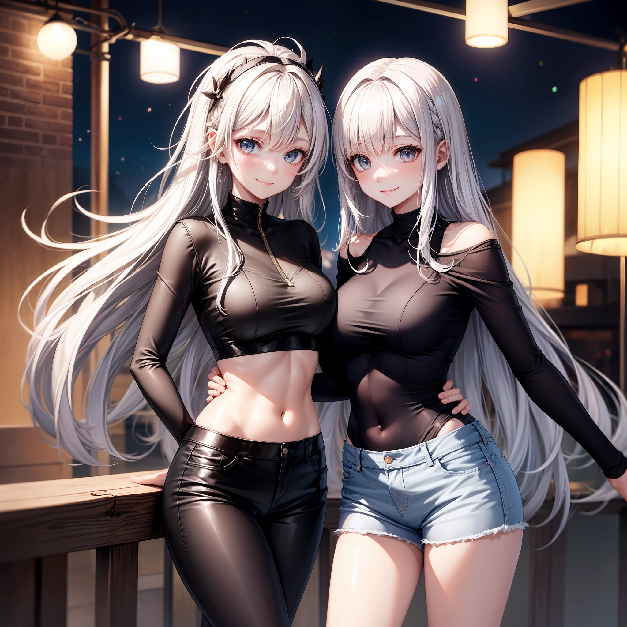 beste Quality、1girls、white gray hair、Longhaire、Black shirt、Navel、hotpants、long legs、Slender、night、jiji、Background blur、Sharp eyes、Angle from diagonally down、smile on face、a whole body