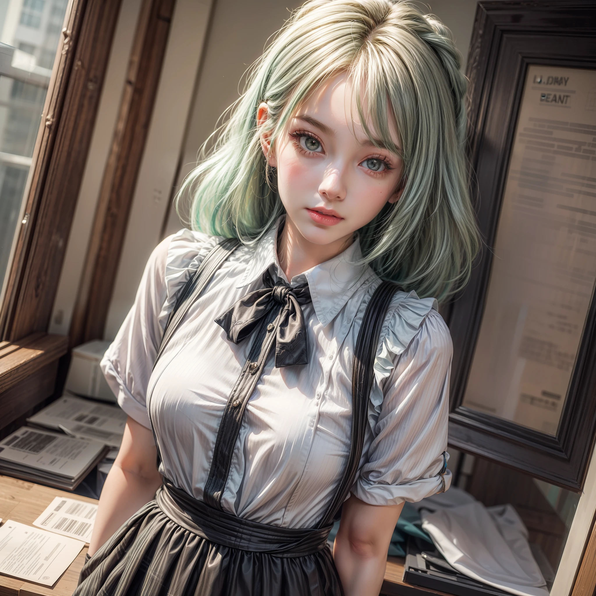 a woman with bobs hair wearing office outfit, standing on office room, light green hair, blush, coquettish pose, Coquettish makeup, an oil painting drawing by Yang J, trending on cg society, attractive girl, beautiful high school girl, beautiful girl, realistic young girl, luring anime girl, hyperrealistic schoolgirl, portrait girl, white light, white color blasting, realistic schoolgirl, realistic artstyle, a girl, pretty girl, proportions painting, centered., gothic art, depth of field, UHD, retina, masterpiece, ccurate, anatomically correct, textured skin, super detail, high details, high quality, award winning, best quality, highres, 16k