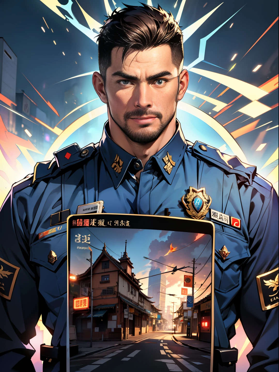 （master-piece）Extremely high-quality，Super detailed illustrations，ultra-high-res，Show a handsome and mature male, 35-year-old human Hong Kong police officer Kong Lin，Big muscular body，short hair and under-trimmed stubble，Wear a jacket，Surreal and charming。There are many Magic the Gathering cards floating around the police，In the background is a red dragon flying over the city。