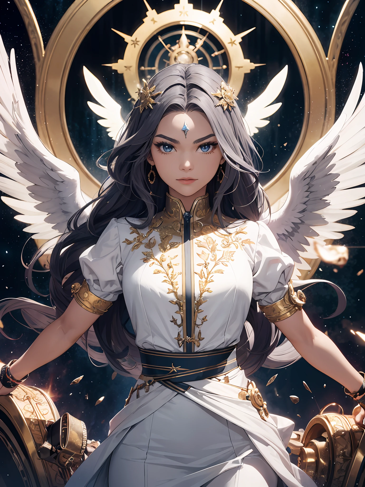 Comic art, RAW-format, (Zendaya) , grey-blue eyes, gray shaggy hair,
portrait, looking at viewer, solo, (waist-high shot) , detailed background, shining (vamptech theme:1.1), divine archangel of time, (style-swirlmagic:0.9), limitless time, clockwork, time and space, hourglass in background, symmetrical composition, majestic divine atmosphere, bright light, holy aura, bloom, divine light, white clothes, golden embroidery,filigree,