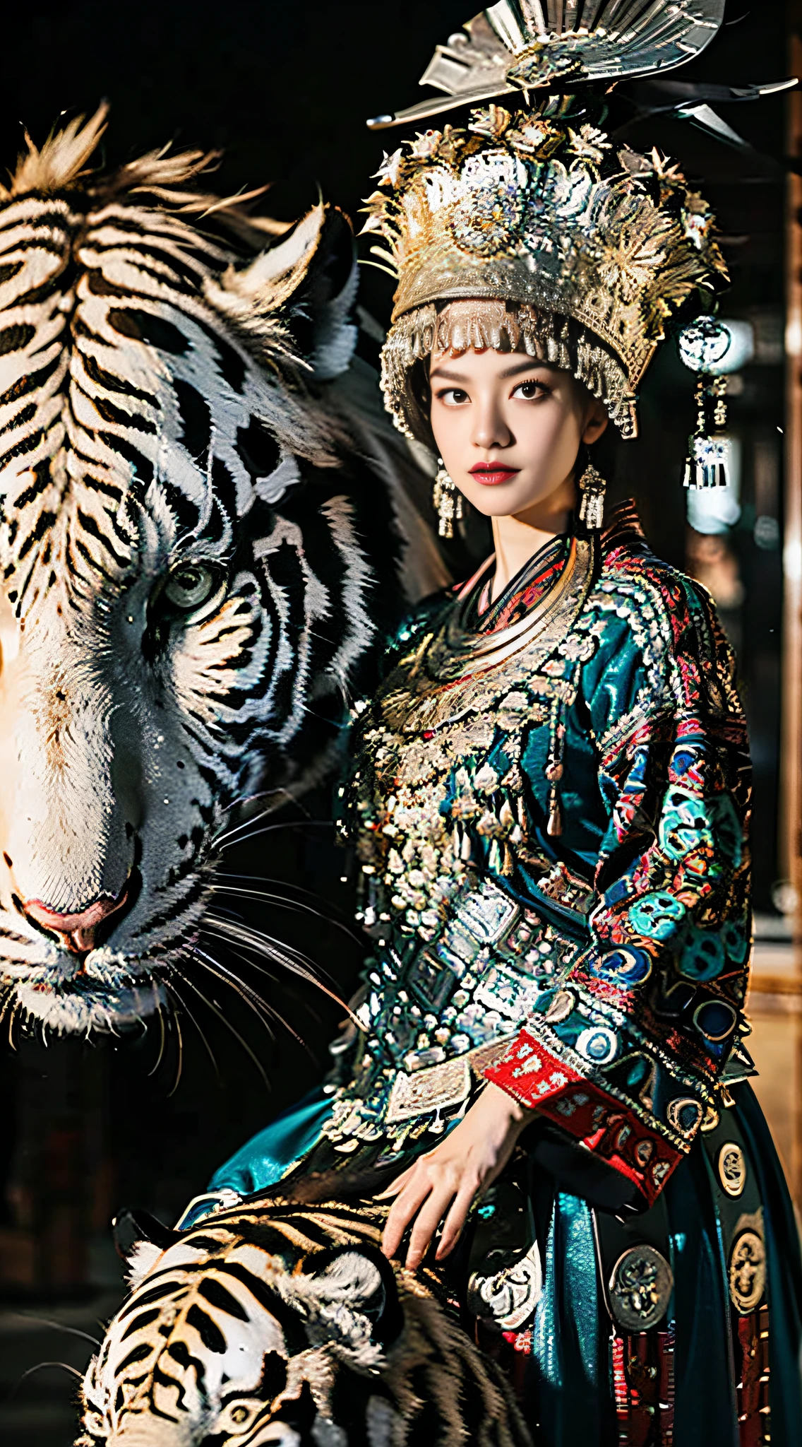 Original photo, ultra-realistic, (masterpiece, 8k UHD, HDR, extremely detailed, intricate details, best quality, professional, vivid colors),
(1 girl wearing costume, big eyes beauty, melon face, beautiful, riding a white tiger), reins, (traditional headdress: 1.2),
((forest view), look at the audience,