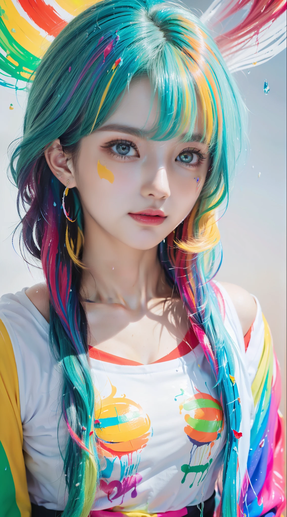 （Pink Fashion T-shirt：1.9），(Colorful hair: 1.8), (all the colours of the rainbow: 1.8),(((((vertical painting：1.6))), （painting：1.6），front, comics, illustrations, paintings, large eyes, crystal clear eyes,（ rainbow color gradient high ponytail：1.7）, exquisite makeup, closed mouth,(Small Fresh: 1.5),(Wipe Chest: 1.6) ，long eyelashes, white off shoulder T-shirt, White Shoulder Shirt，looking at the audience, large watery eyes, (rainbow colored hair：1.6), color splash, （solo：1.8）, color splash, color explosion, thick paint style, messy lines, ((shining))，(colorful), (colorful), (colorful), colorful, Thick Paint Style, (Splash) (Color Splash), Vertical Painting, Upper Body, Paint Splash, Acrylic Pigment, Gradient, Paint, Highest Image Quality, Highest Quality, Masterpiece, Solo, Depth of Field, Face Paint, colorful clothes, (Elegant: 1.2), gorgeous,long hair, wind, (Elegant: 1.3), (Petals: 1.4)，(((masterpiece))),(((best quality))),((ultra-detailed)),(illustration),(dynamic angle),((floating)),(paint),((disheveled hair)),(solo),(1girl) , (((detailed anima face))),((beautiful detailed face)),collar,bare shoulders,white hair, ((colorful hair)),((streaked hair)),beautiful detailed eyes,(Gradient color eyes),(((colorful eyes))),(((colorful background))),(((high saturation))),(((surrounded by colorful splashes))),