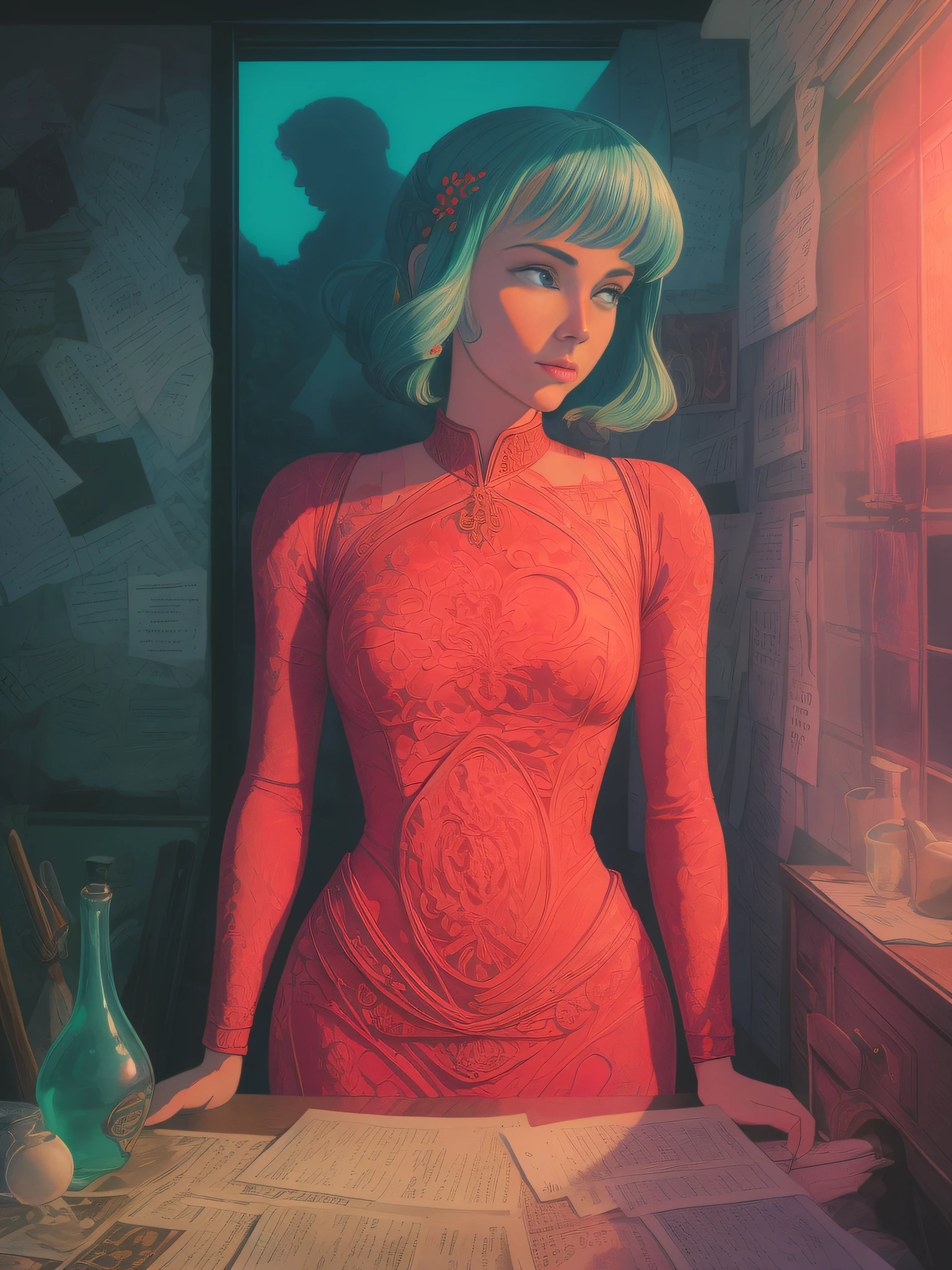 Neon coral, mannequin, thick ink oil, that runs through a polluted foggy, brutalist expressionism house, Stanislaw Szukalski, Moebius, peter elson, Alex prager, ray tracing, anaglyph, pov, anatomically correct, award winning