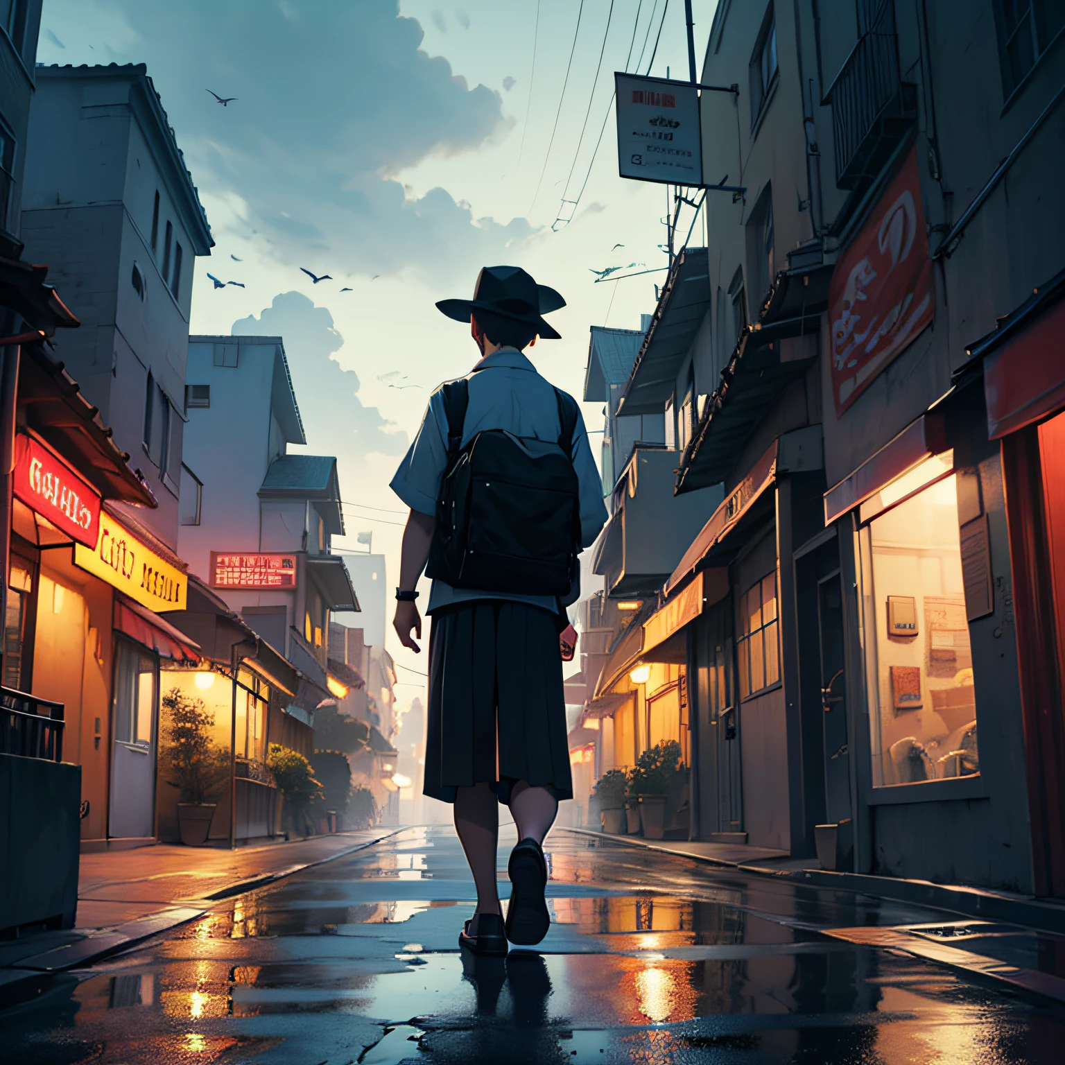 The city is bustling,streets,Dimly lit sky,dark clouds were thick,schoolboy,Close up of a,Look outside,Walk the streets