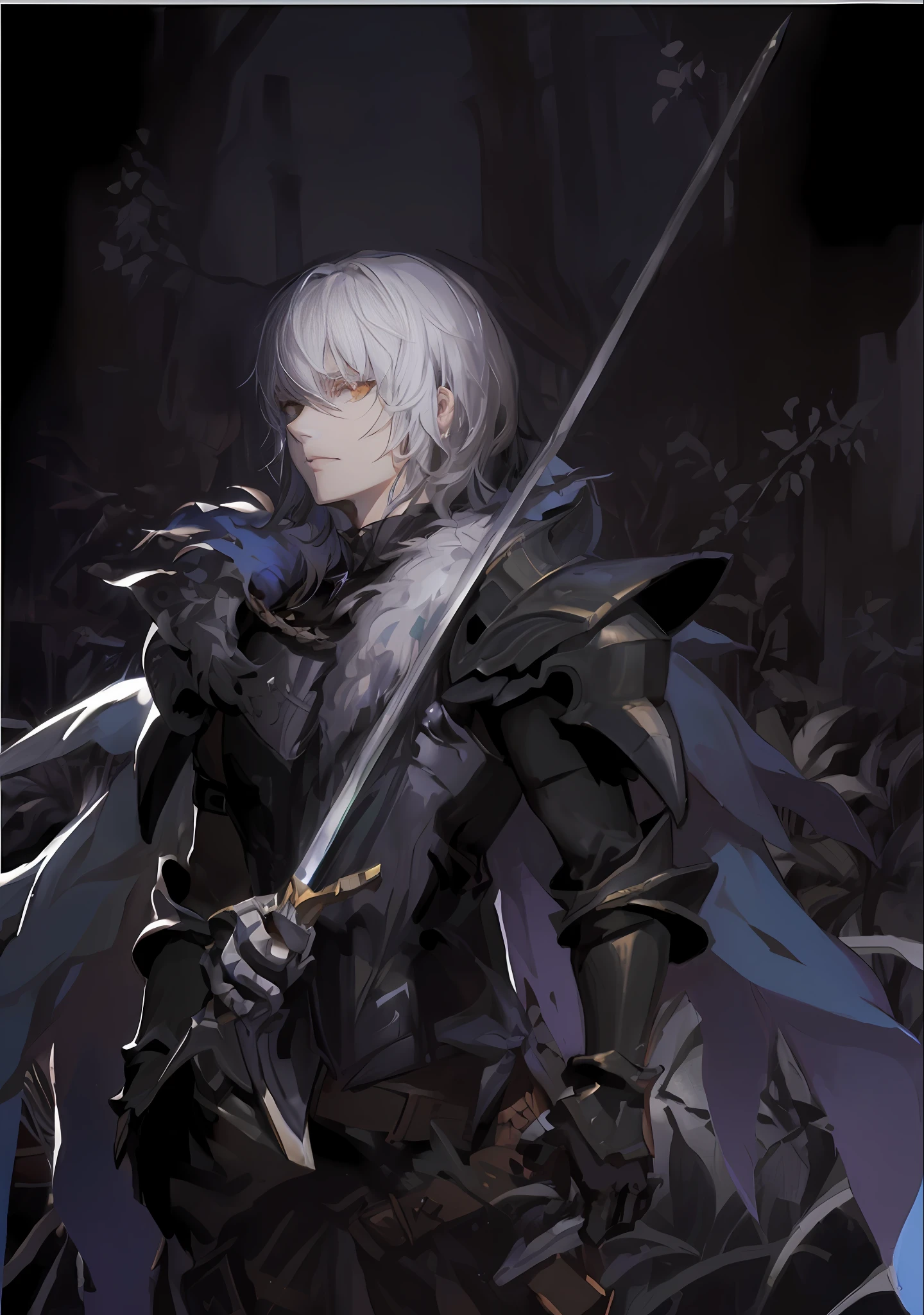 anime character with white hair and sword in dark forest, shigenori soejima illustration, portrait of dragoon, inspired by Li Chevalier, handsome drow, Neil 2 B, casimir art, anthropomorphic raven knight, male anime character, beautiful male drow, a human male paladin, griffith, nier autoamata, fate grand order