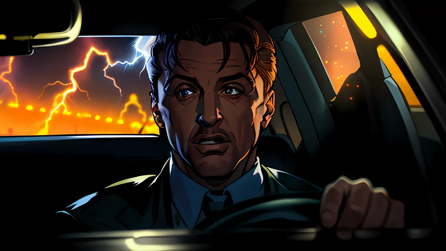 (((Cara confusa)), (comic styled), Silvester Stallone como policial dirigindo um carro, cena escura, sentado dentro de um carro, olhos azuis, Cidade Noturna, particles, Chuva leve, Foco masculino, (cabo de fluxo longo), noite, Chuva, lightning bolts, fundo detalhado, (arte de Frank Miller), ((hands on the steering wheel)), obra-prima, (realista:1.3), perfect illumination, sombreamento perfeito, (textura realista do tecido), hiper-realista, (fotorrealista:1.5)