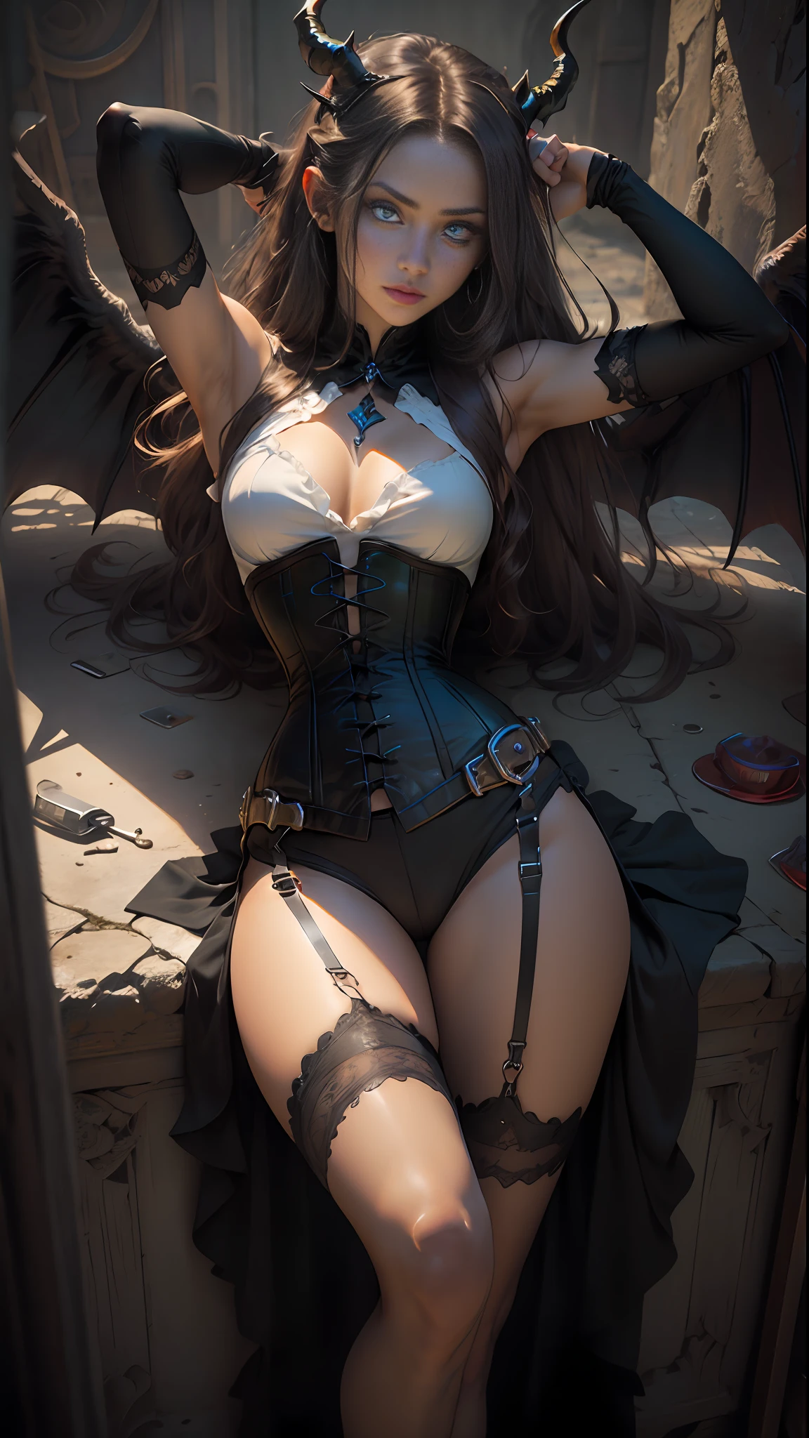 (((Perfect eyes))), ((Perfect limbs))), ((Perfect feature))),Realistic masterpiece of a demon girl with long brown hair , a corset, horns, black wings, cat eyes, and perfect green eyes in a dark environment, narrow hip