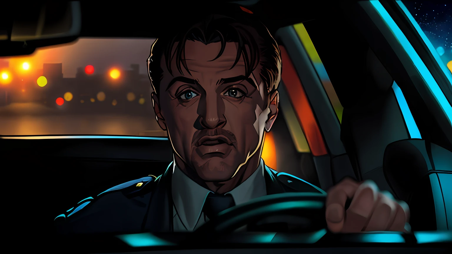 (((Cara confusa)), (comic styled), Silvester Stallone como policial dirigindo um carro, cena escura, sentado dentro de um carro, olhos azuis, Cidade Noturna, particles, Chuva leve, Foco masculino, (cabo de fluxo longo), noite, Chuva, lightning bolts, fundo detalhado, (arte de Frank Miller), ((hands on the steering wheel)), obra-prima, (realista:1.3), perfect illumination, sombreamento perfeito, (textura realista do tecido), hiper-realista, (fotorrealista:1.5)
