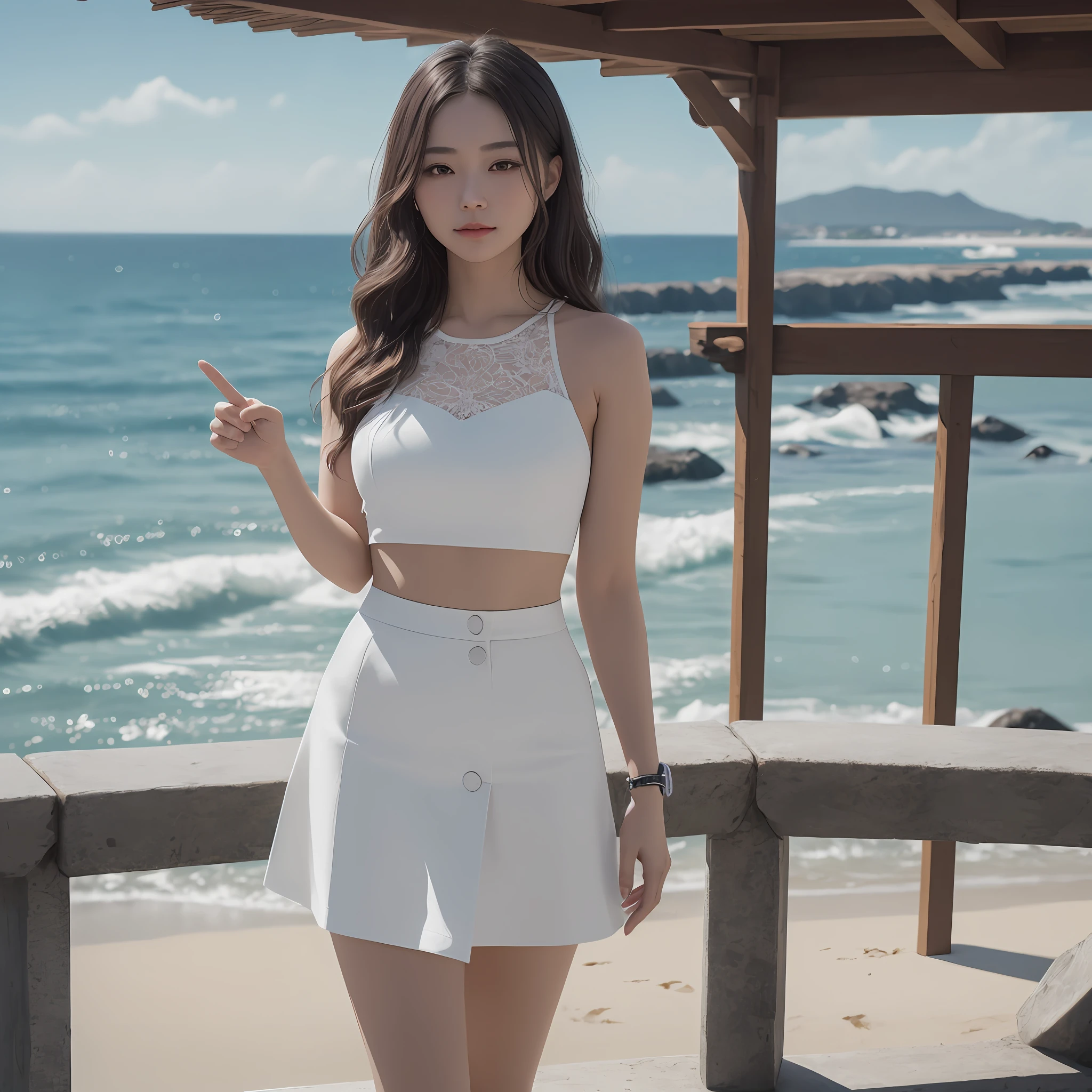 best qualitiy,逼真,cinematic lighting,Volumetriclighting,8K Ultra HD Best Quality, 杰作, 1girls, beatutiful face, (photo realistic:1.3), edgelighting, (High Detail Skins:1.2), 8K UHD, digital DSLR camera, hight quality, highly resolution, 4k, 8k, bokeh, absurdly, Optimal proportions of four fingers and one thumb, (逼真:1.3),Wearing a white miniskirt,standing beside the ocean,Side photo