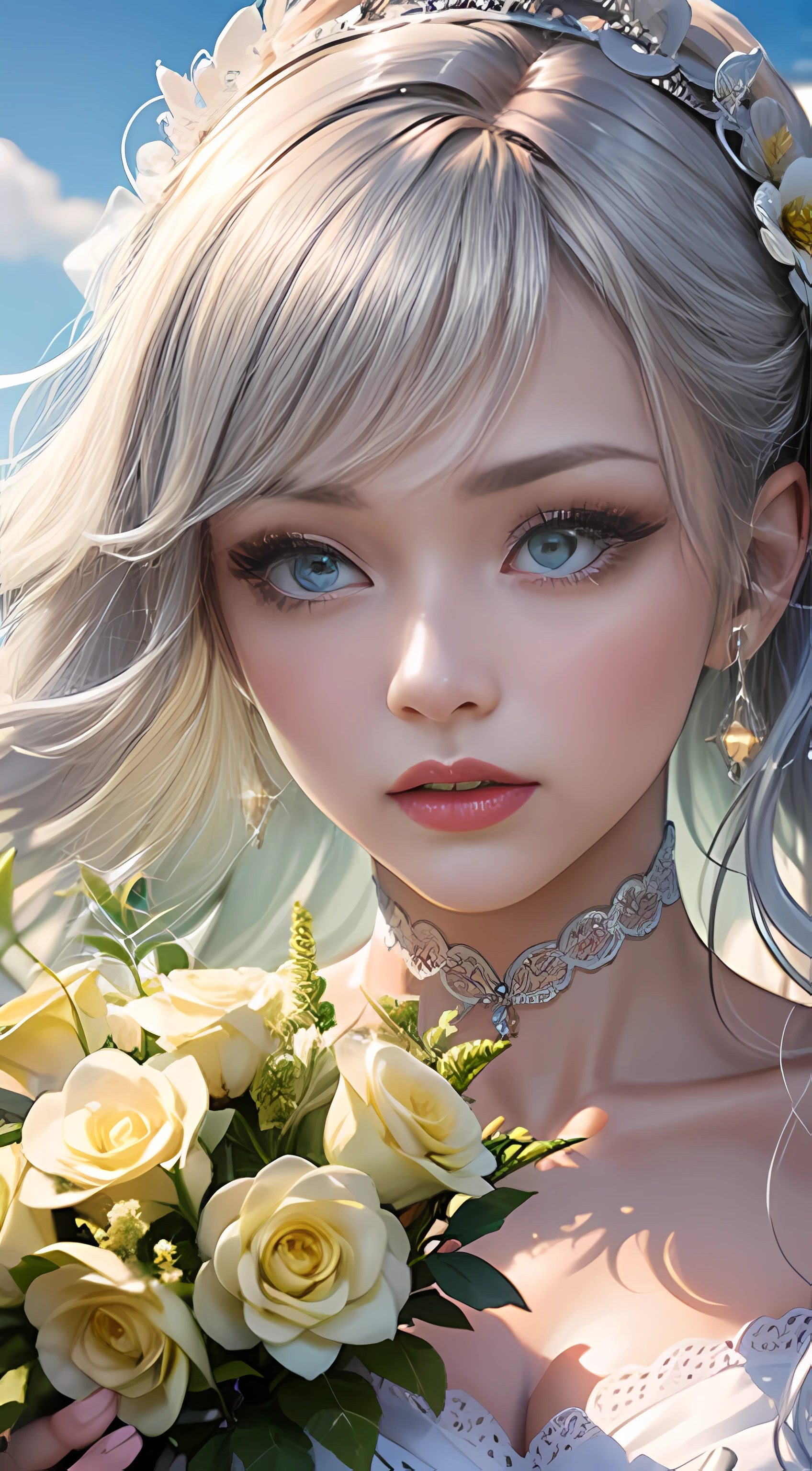 Ultra high quality,8K,1girls,bridal,Silvery hair,Close-up of the head,White lace dress,Bouquet in hand,sun is shining,sun is shining,a brightly coloured