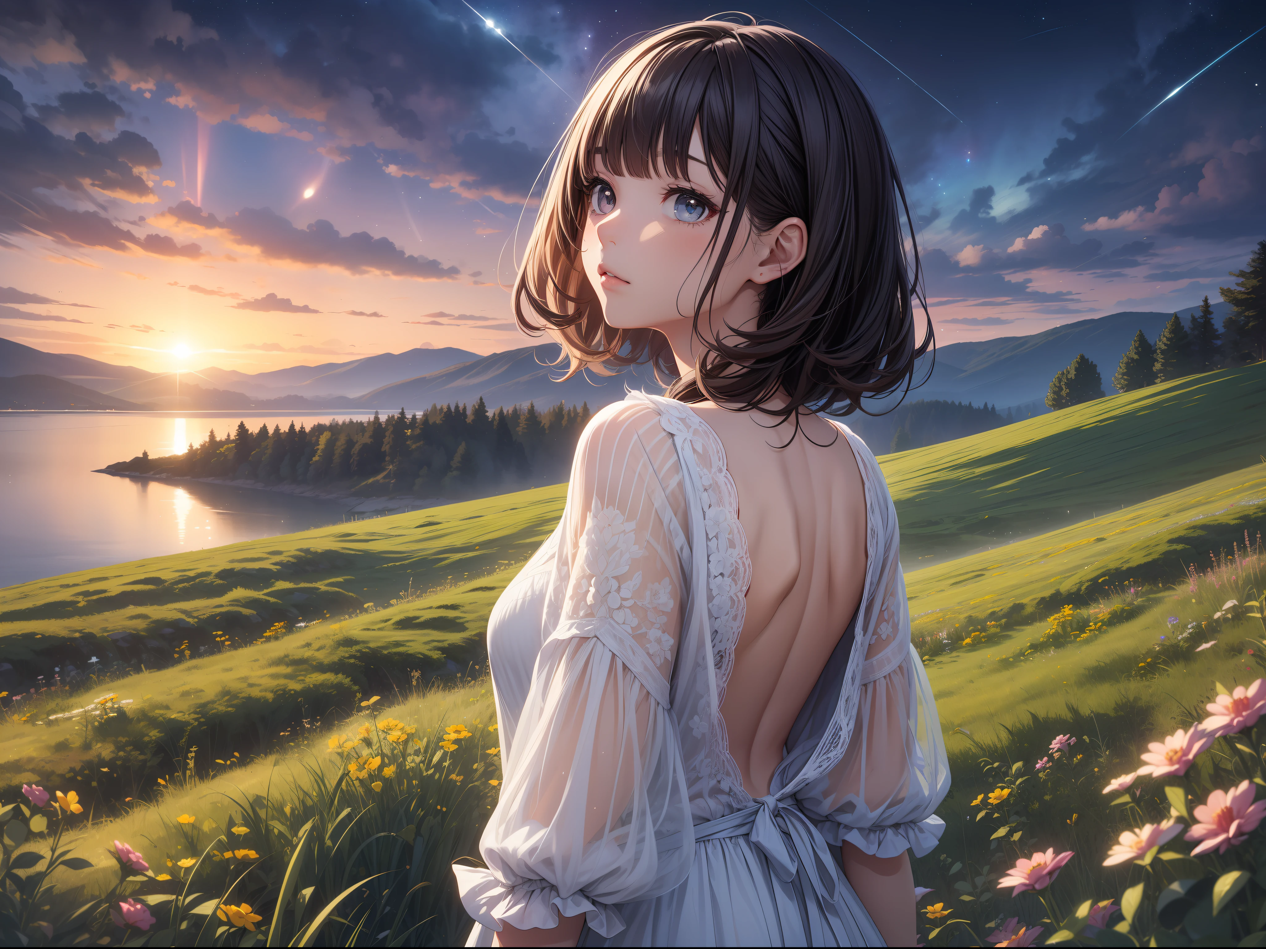 (巨作)、detailded、8K、((Full body back photo))、Girl in random casual clothes with color and design、short dark hair、Colorful inner hair、Realistic and sharp details、with intricate details、Standing in the back of a meadow on a cliff near the sea, looking up at the ultra-beautiful and full view of multiple starry skies and galaxies.