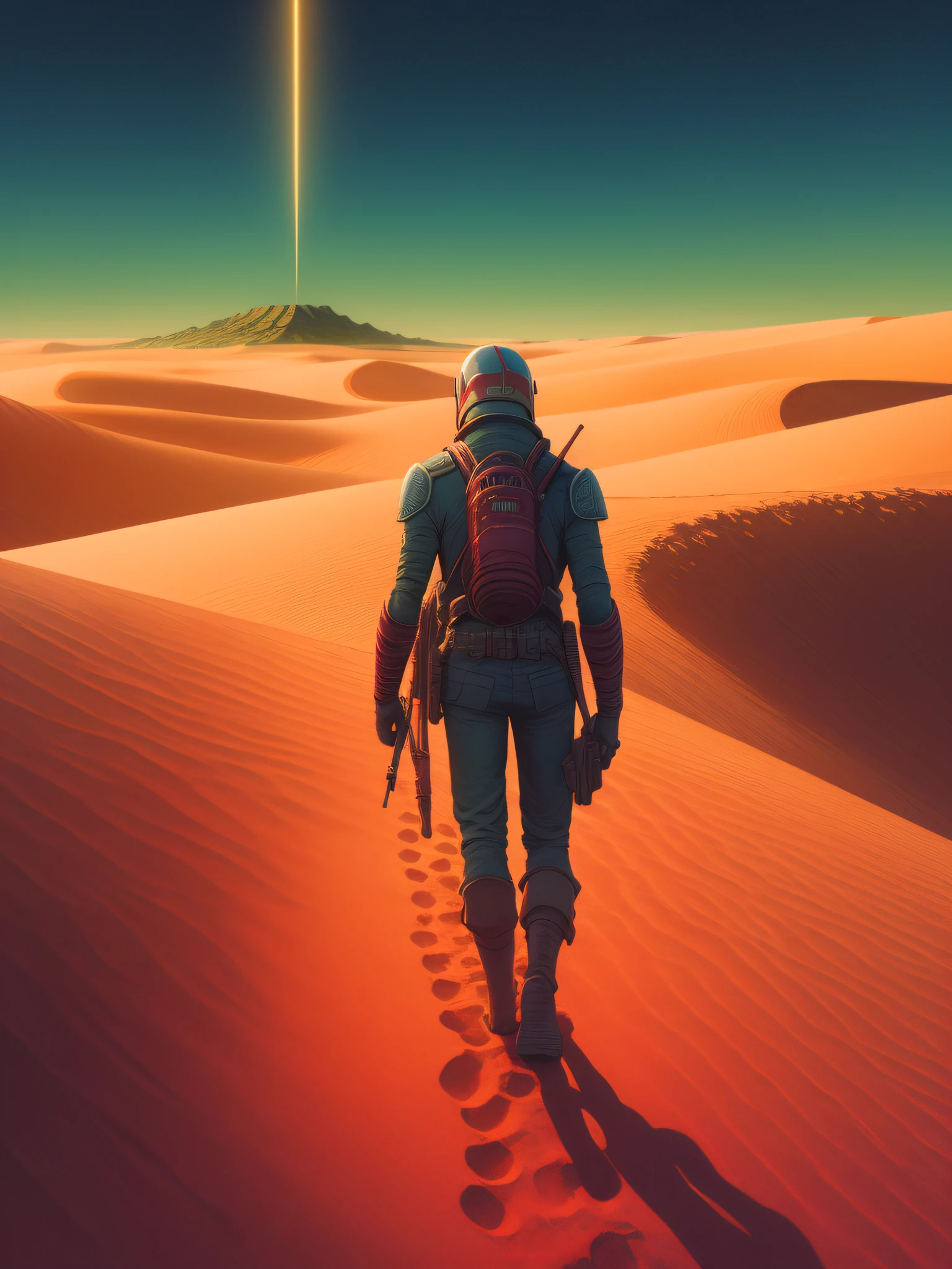 A lone figure stands,sprawling dune of crimson,Martian sand under,sky dotted,Stanislaw Szukalski, Moebius, peter elson, Alex prager, --ar 4:5 --style raw, ray tracing, anaglyph, pov, anatomically correct, award winning
