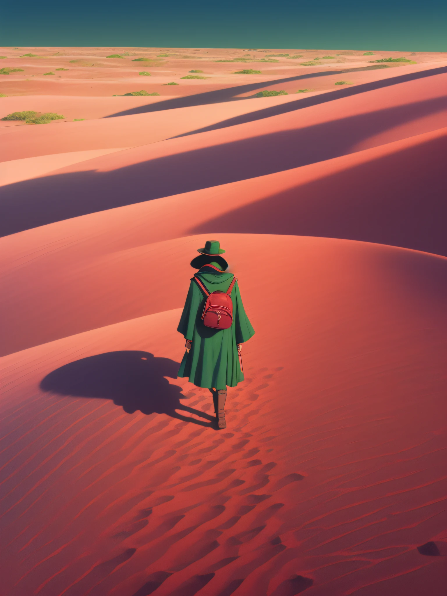 A lone figure stands,sprawling dune of crimson,Martian sand under,sky dotted,Stanislaw Szukalski, Moebius, peter elson, Alex prager, --ar 4:5 --style raw, ray tracing, anaglyph, pov, anatomically correct, award winning