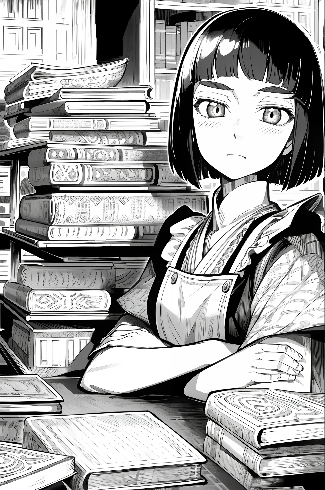 masterpiece, traditional maid, otoyomegatari, 1girl, solo, greyscale, monochrome, halftone, drawing, manga, 
european style, British style, eyeforcus, bob cut,  face focus, bust shot, many book shelf, study room, teacup, front view, lying,