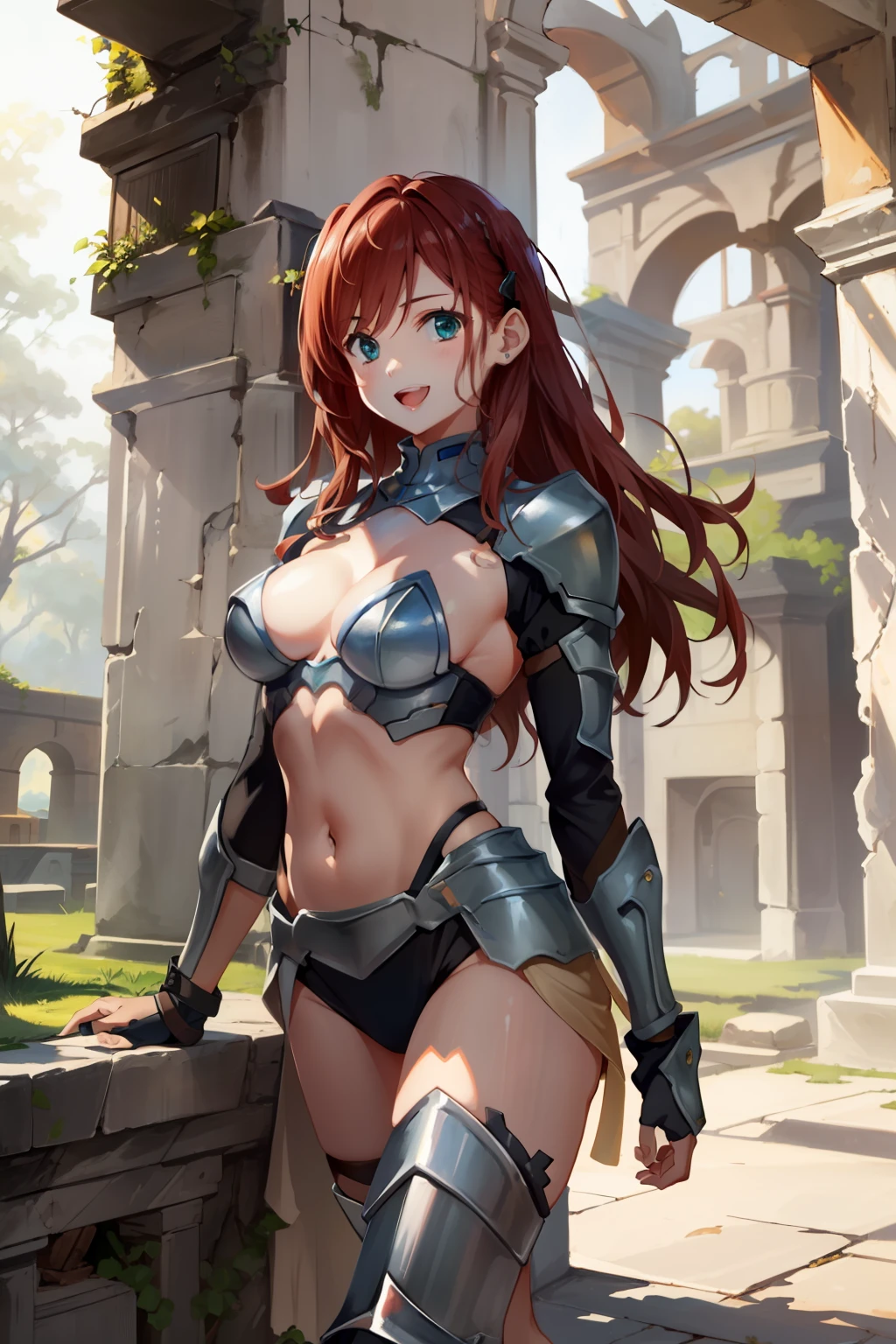 masterpiece, best quality, absurdres, perfect anatomy, 1girl, solo, Miku390, twintails, long hair, fantasy, jewelry, leg armor, (navel cutout, armored dress:1.2), smile, :d, hands on own hips, village, outdoors