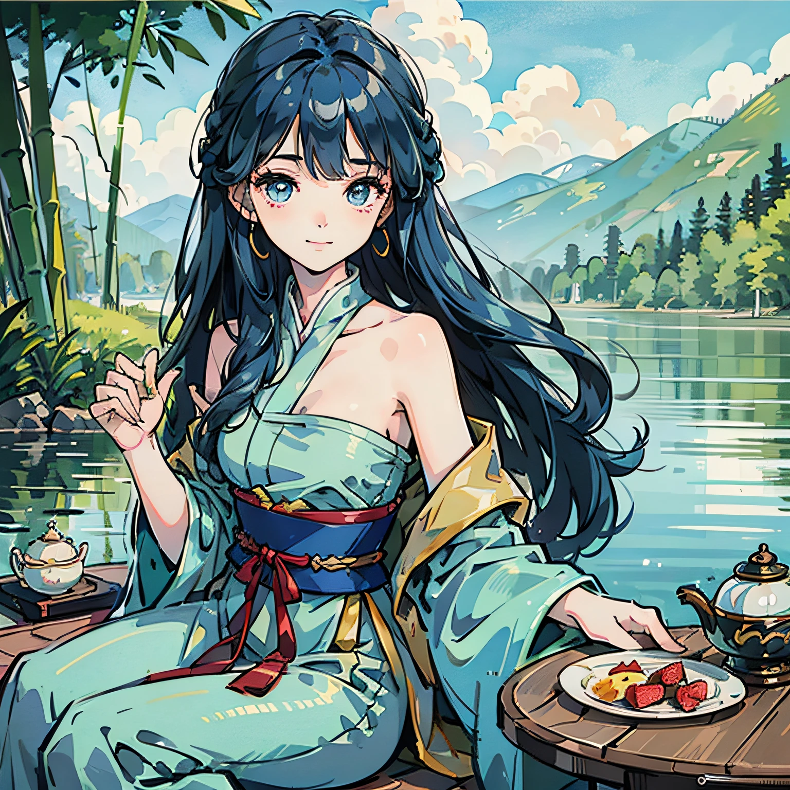 Masterpiece, Best Quality, Official Art, 8k Wallpaper, Very Detailed, Illustration, 1 Girl, Sky Blue Hair, Long Hair, Detailed Eyes, Forrest Gump, Bare Shoulders, Hanfu, Lake, Pure, Soft Smile, bamboo, tea --auto