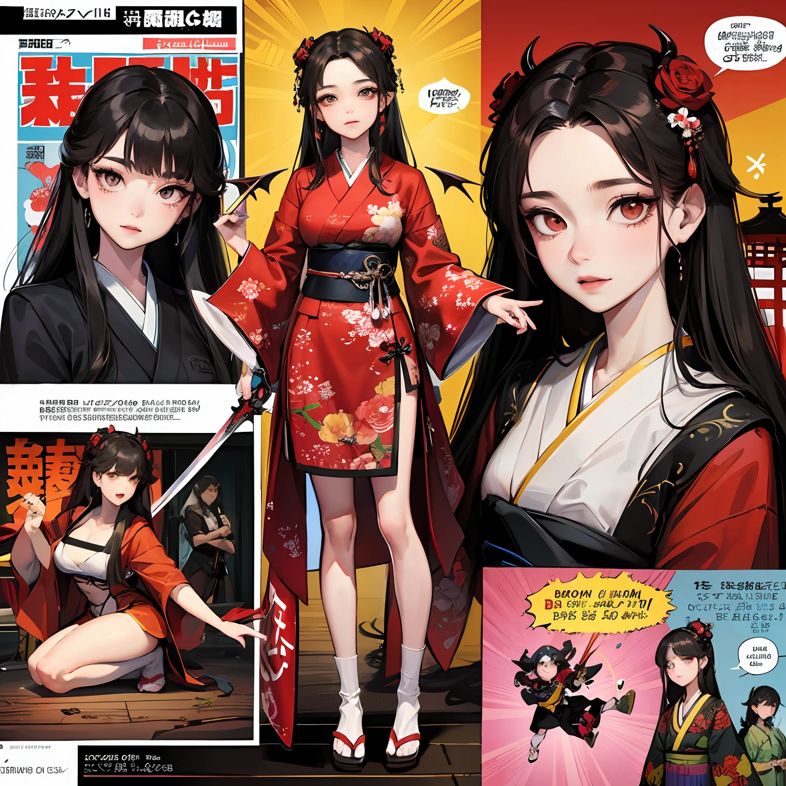 gal girl,Sword,caricature style,Three View,comic book,Slash demons and remove demons Chinese style,Japanese --auto
