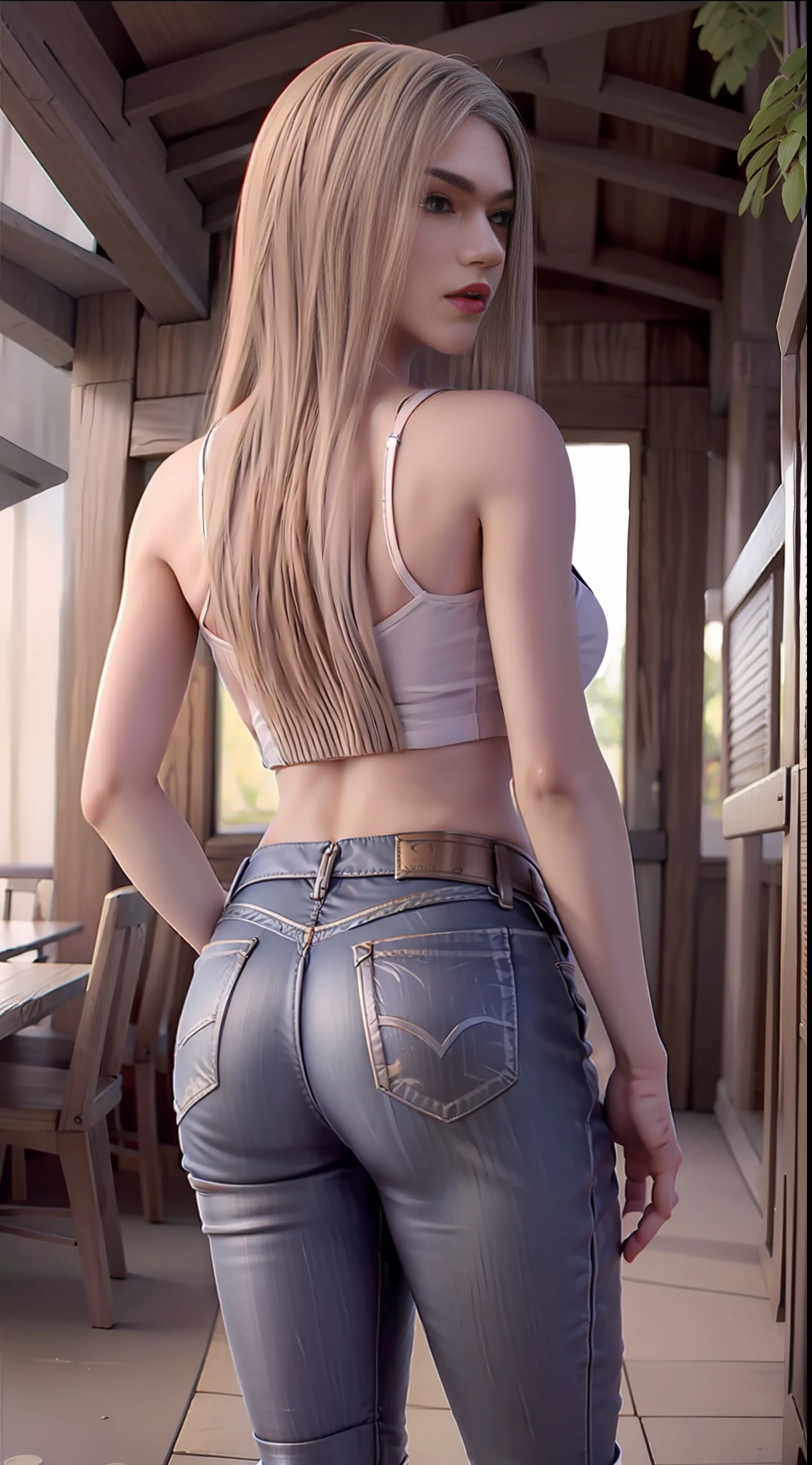 kaisha，The ultra-great resolution，逼真，Photorealistic， imagination， （realistically），composition，（HDR：1.5）， al fresco， complicated detail，Outerwear top，High-waisted jeans，Back，stooping，Cocked buttocks，Pouting ass，bobhair，8K，Review，red-lips，