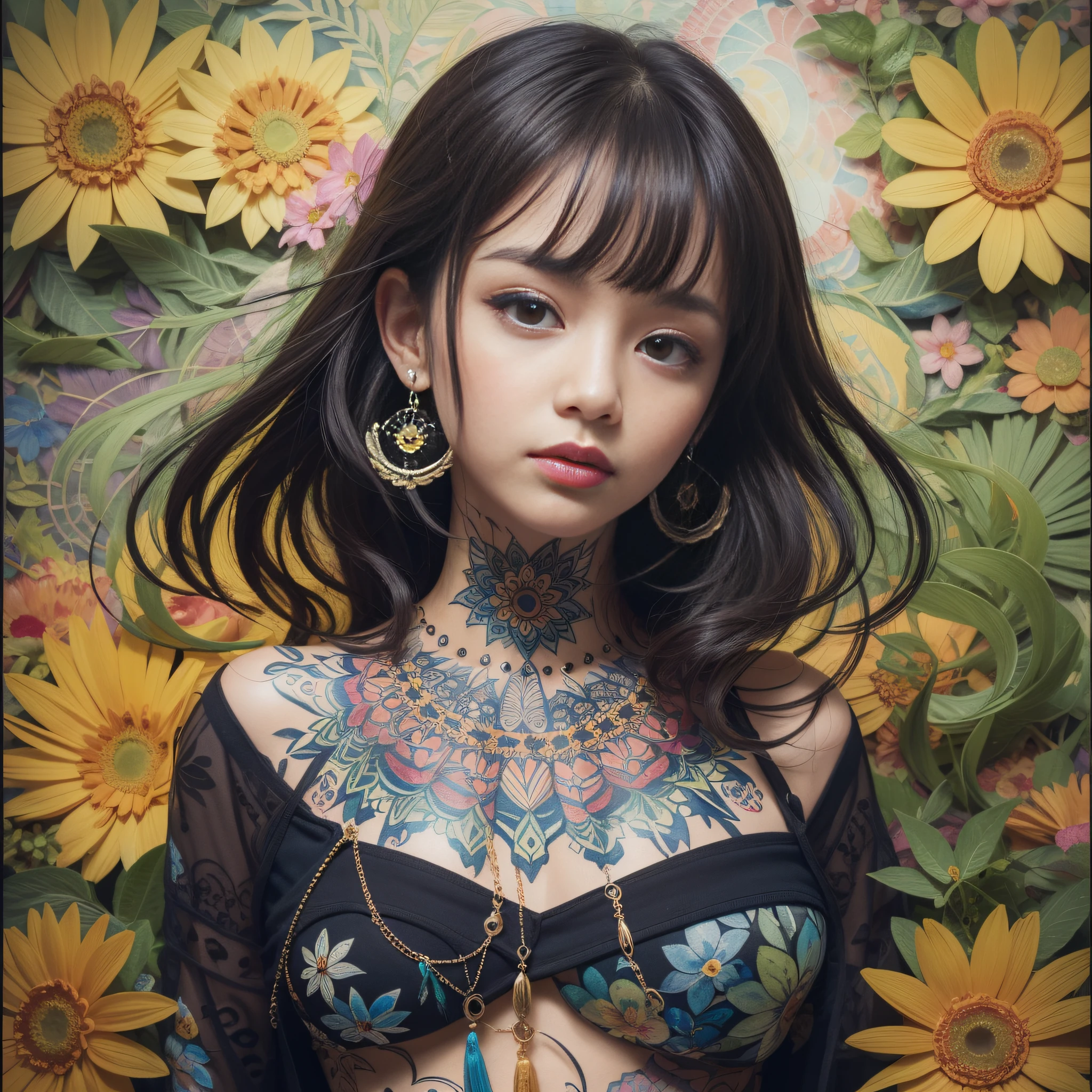 (masterspiece、beste Quality、beste Quality、Official Art、Beautifully Aesthetic:1.2)、(1 beautiful girl:1.3)、The punk goth beauty, captivating everyone with her unique style, unruly hair and tattoos, extremely detailed face、colorfully、Supreme Details、(watercolour painting:1.3)、Light mixing、Playful patterns、lively texture、Rich colors、unique visual effect, (zentangle, mandala, tangle, entangle), summer