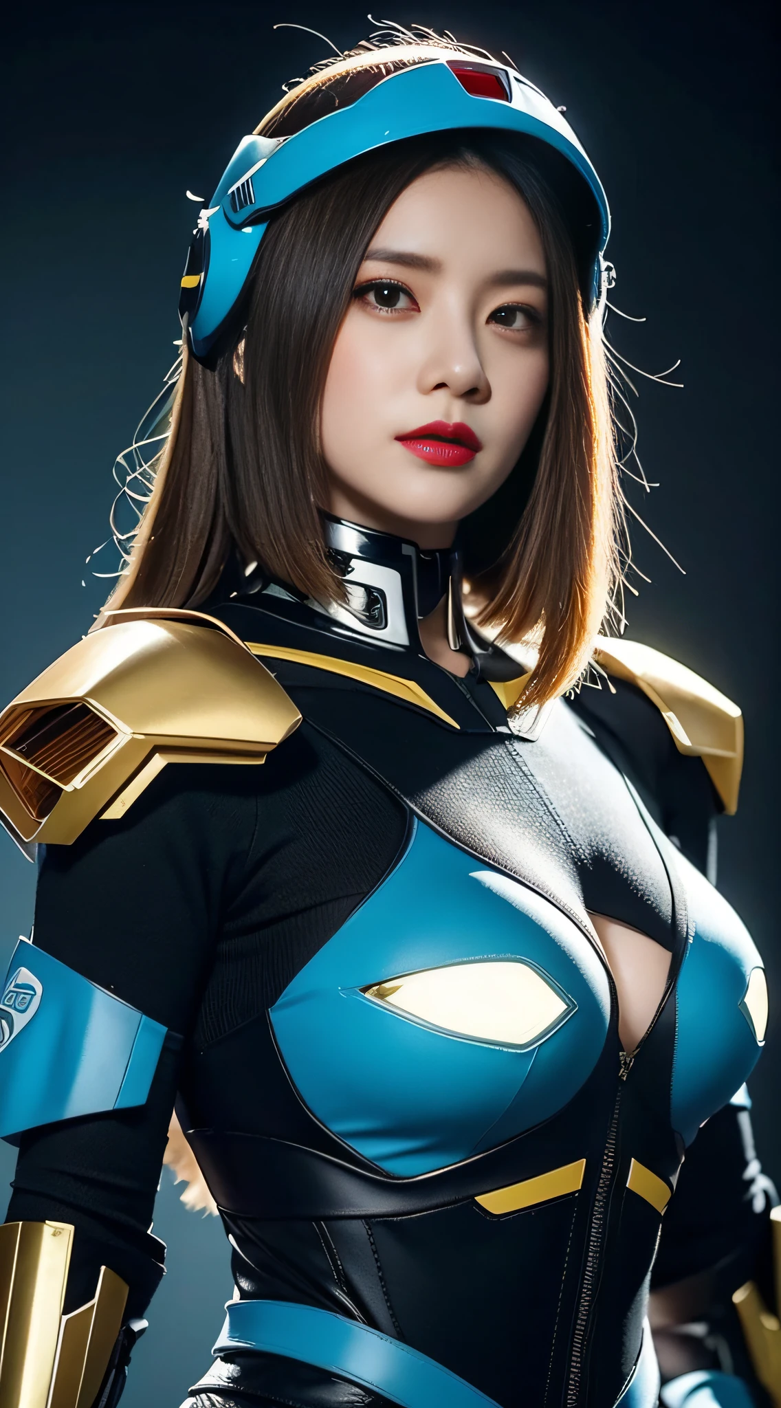 Highest image quality, outstanding details, ultra-high resolution, (realism: 1.4), the best illustration, favor details, highly condensed 1girl, with a delicate and beautiful face, gigantic boobs,sexy dressed in a black and blue mecha, wearing a mecha helmet, holding a directional controller, riding on a mechnized, the background is a high-tech lighting scene of the future city.