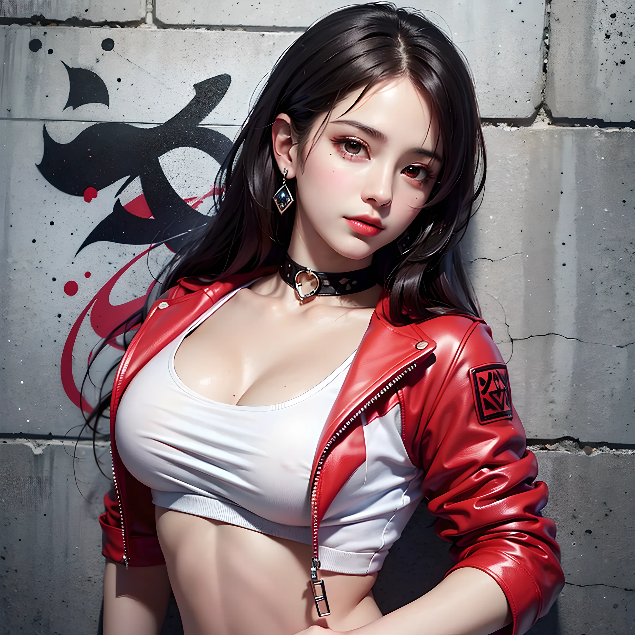 (masterpiece, best quality, 1girl, solo, intricate details, chromatic aberration), realistic,Tifa Lockhart, ((medium breath)),long hair, black hair, hair over one eye,red eyes, earrings, sharp eyes, choker, open jacket, crop top,open waist,(perfect symmetrical body),against wall, brick wall, graffiti, dim lighting, alley ,look at viewer,