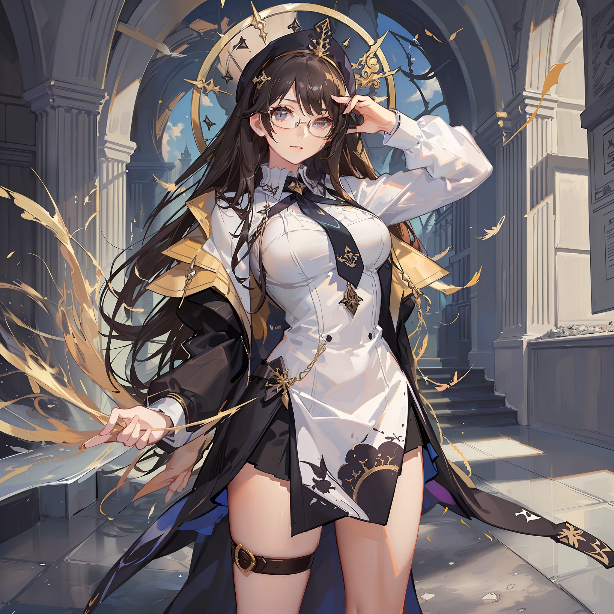 (Golden Ratio:1.2),[(white background:1.4)::10],(masterpiece), (best quality), (ultra detailed),(disheveled hair),(illustration),(1 girl:1.2),solo,brown hair,shiny hair,long straight hair,huge breasts,(Newsboy hat:1.2),(glasses:1.1)+(scholar uniform:1.3)+(fantasy feather pen:1.2),(standing on broken stone floor:1.2)+(Gothic style architecture ruins:1.3)+[(Inception:1.2)],(chaotic geometric images:1.3),(nagative space:0.8)