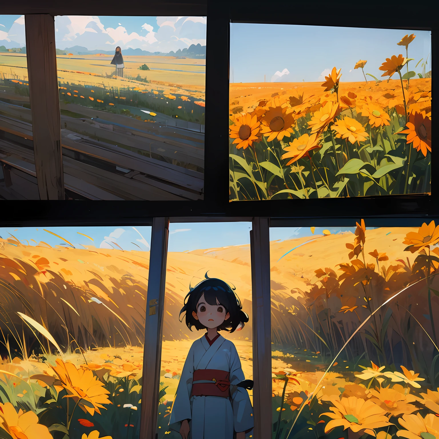 gal girl,caricature style,Three View,comic strip,Chinese wind,Japanese ,himawari,2-dimensional,The sunlight --auto