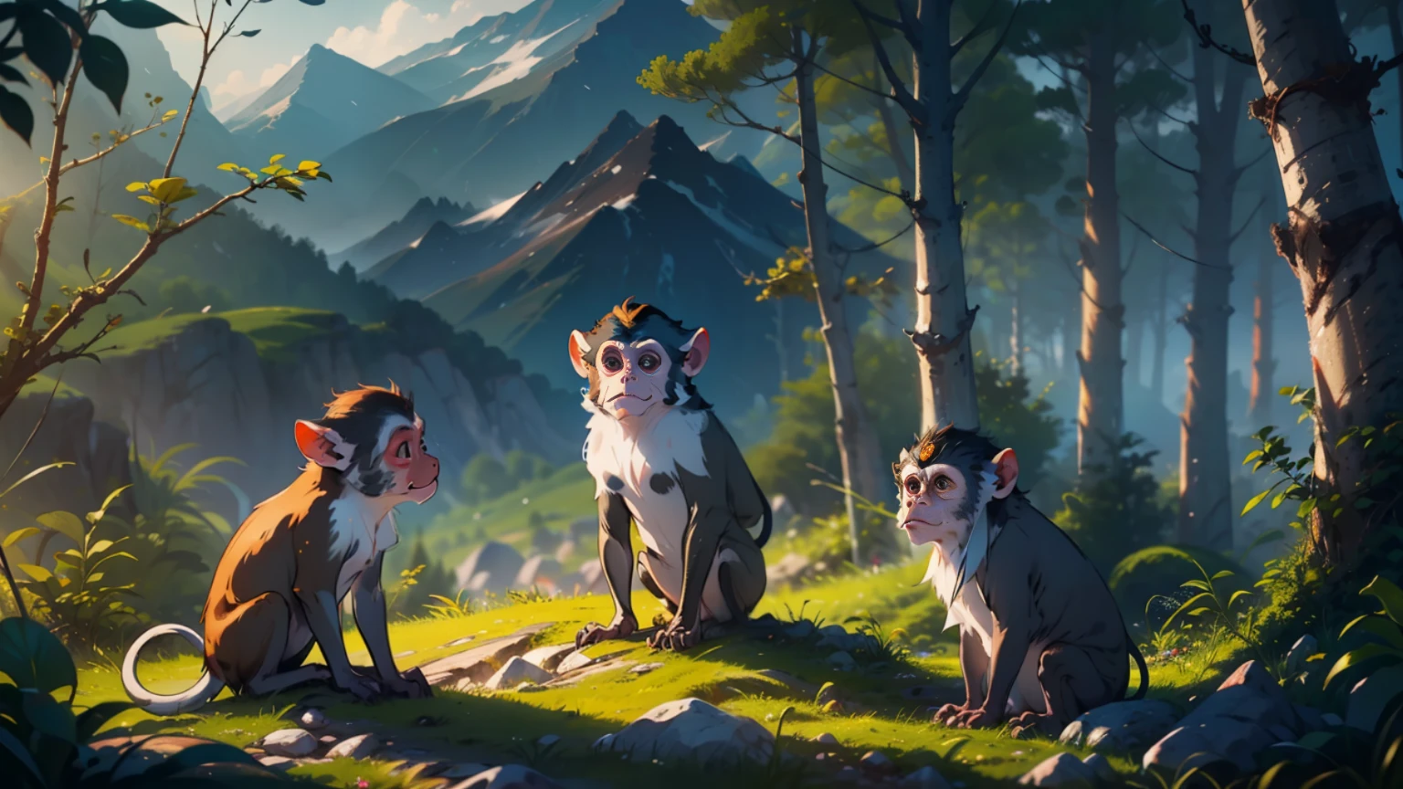 Many little monkeys are in the woods looking for food,Ancient wind,In the background is a big mountain,Beautiful CG quality,Clear and detailed description,Hearty shots,Rich and superb local details,Intoxicating light and shadow effects,Beautiful and beautiful overall atmosphere