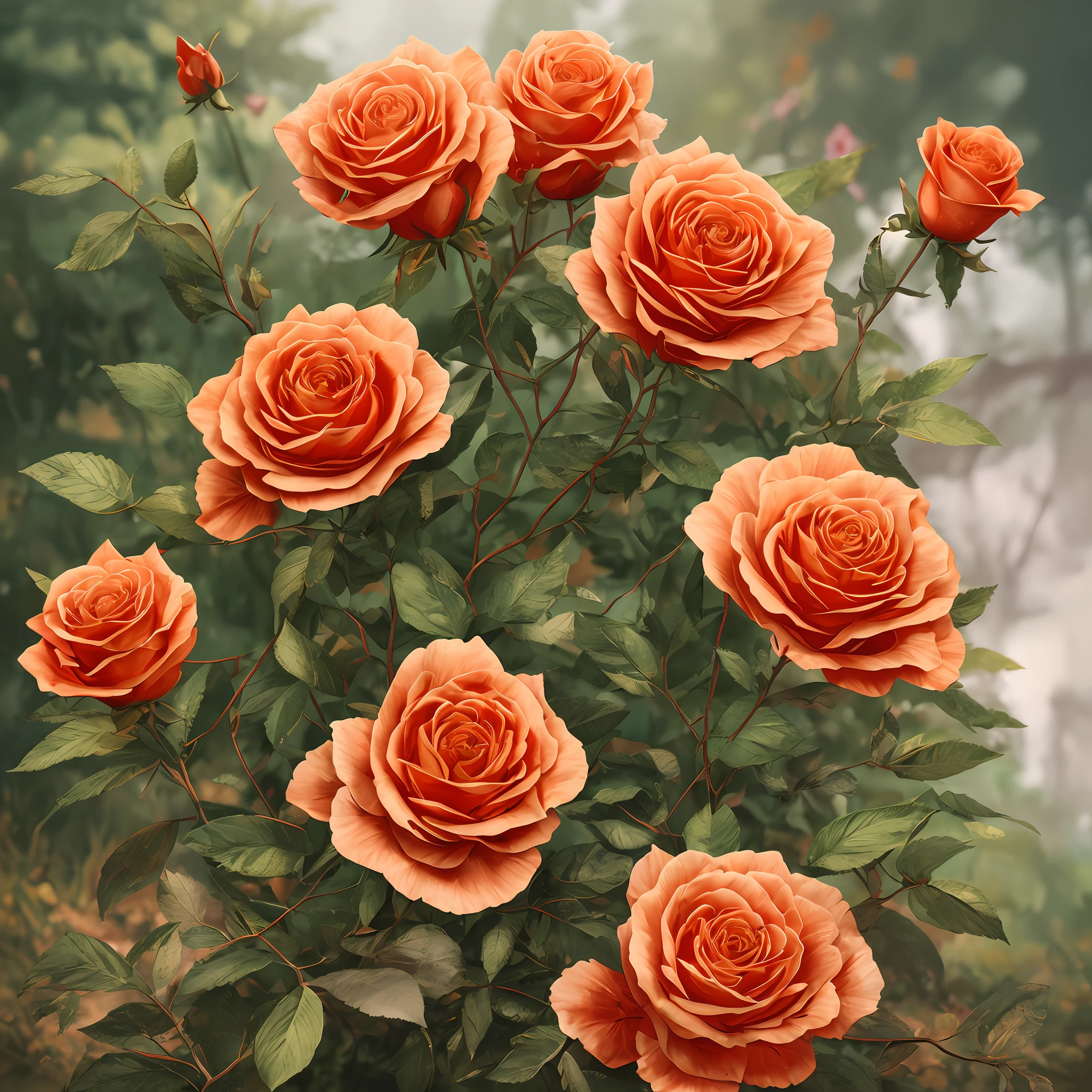 杰作,best possible quality,high qulity,fantastically detailed的 CG 统一 8k 壁纸,Award-winning photography of orange roses,Background bokeh,deep of field,HDR,blooms,color difference,真实感, fantastically detailed, Trends on Artstation, Trends on CGSociety, intricated, high detailes, Dramatic, The art of midjourney