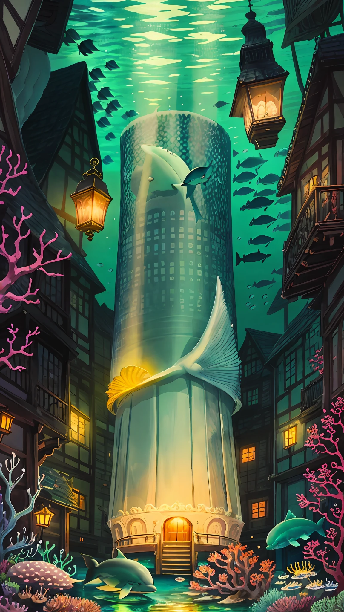 A living underwater city, illuminated by bioluminescent corals and aquatic plants, where fish of all kinds swim gracefully around. In the city center there is a huge, ornate shell throne adorned with pearls and shell jewellery, surrounded by colorful fish, carriages drawn by dolphins carrying dignitaries to the palace, giant sharks