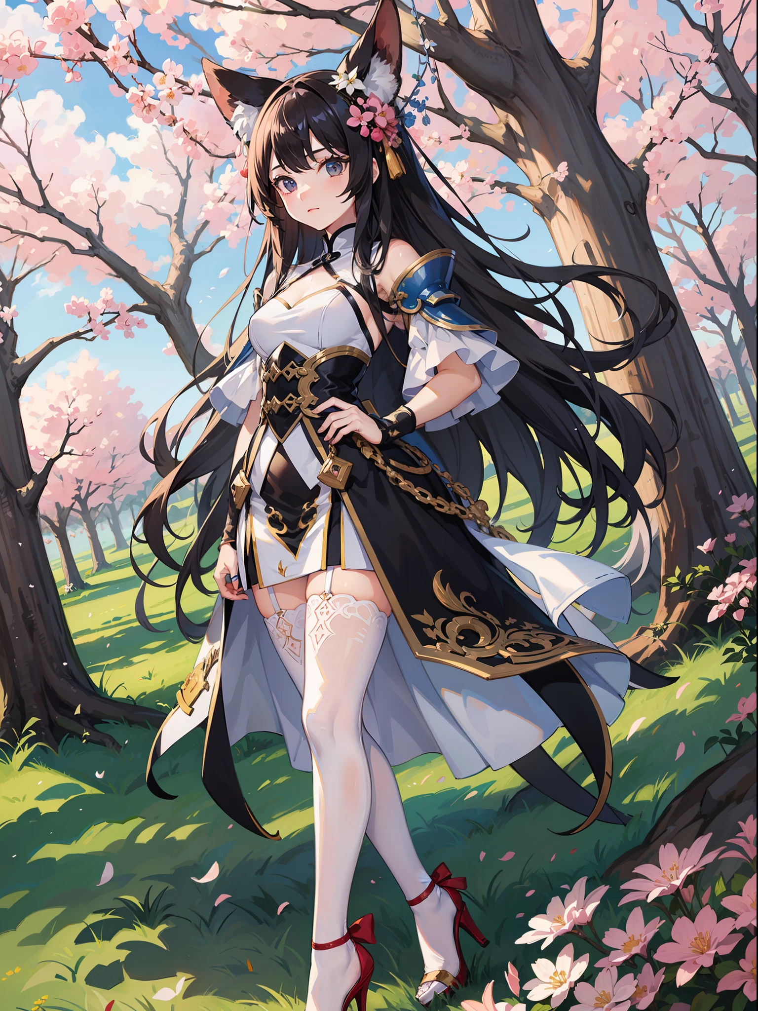 A very good quality，杰作，fantastically detailed，逼真，.A beautiful girl standing casually in front of cherry trees and mechs，centred，a whole body，machine armor，long haired，White miniskirt，clong legs，stilettos，looks at the camera，photographs，White stockings