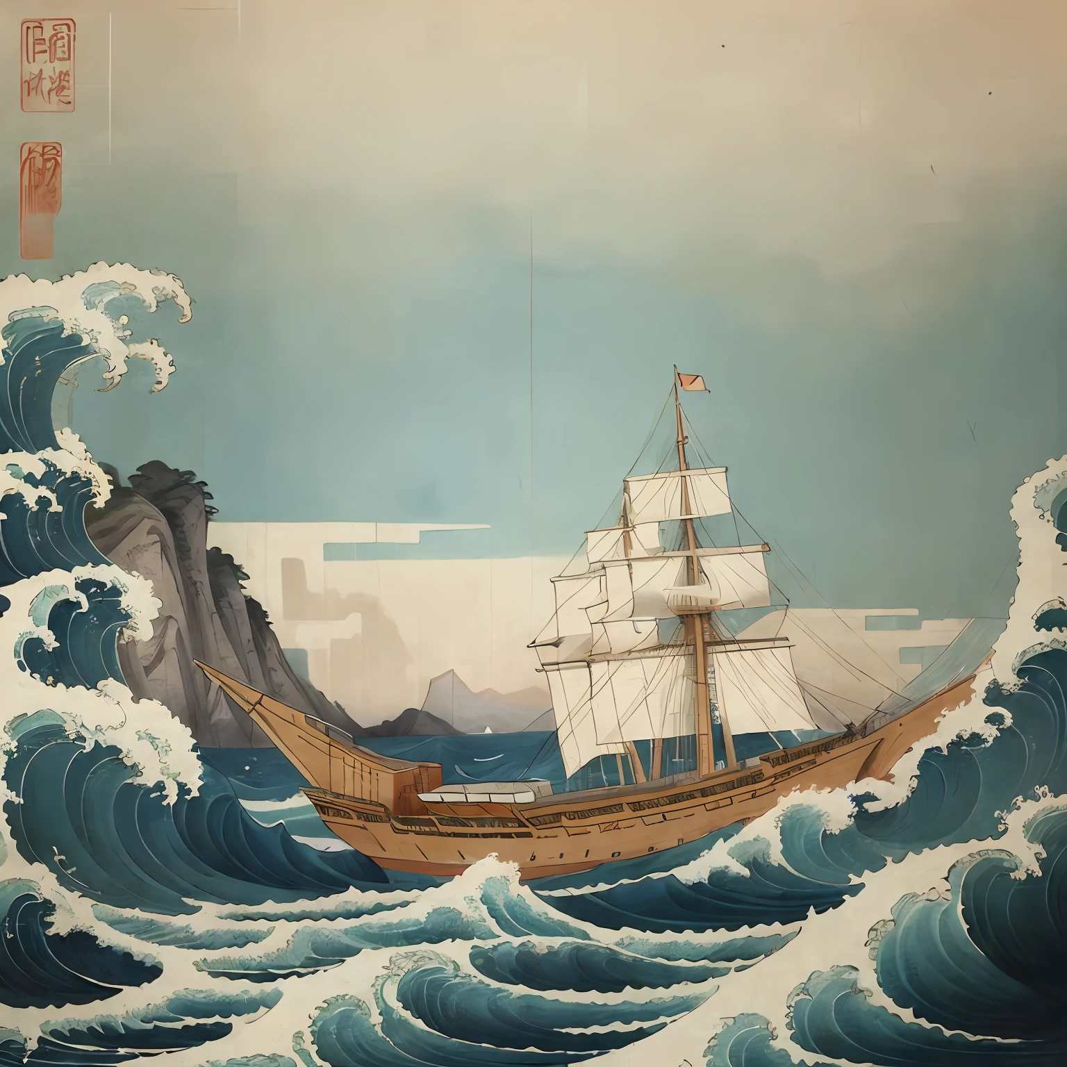 A large ancient cargo ship in China，Close-up view，Set sail through the waves，In the visual style of Chinese painting，Light cyan and gold，white backdrop，Heads-up perspective，Waves with traditional patterns，Organic shapes and curves， --v6