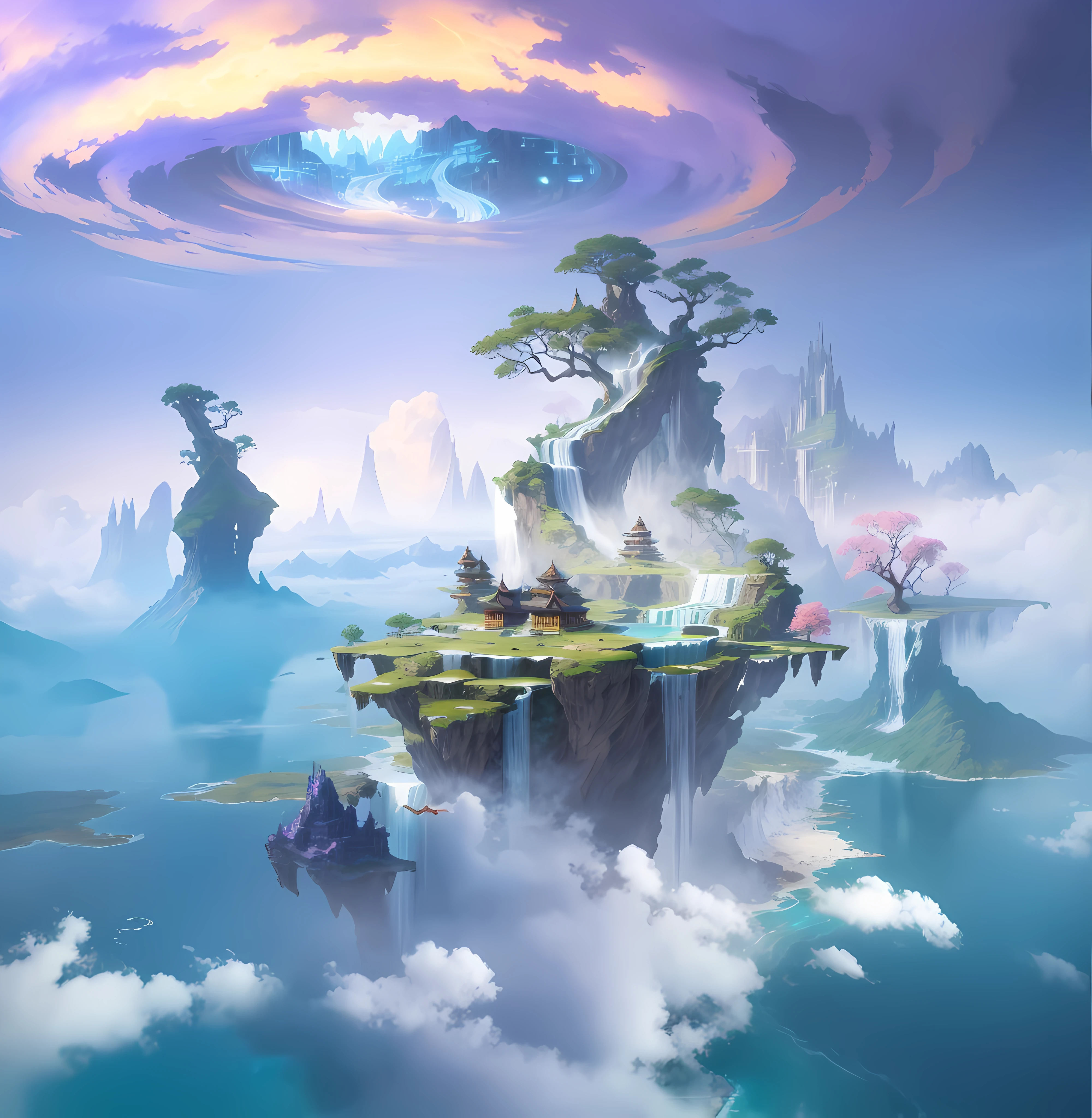Dragon in the clouds,The figure is visible in the clouds,Senzan Island,(Pavilions in mid-empty clouds),((dia soleado)),((Chinese mythology)),high quallity,ultra fine,detailed work,(16K resolution),Cinematic Lights,Dynamic viewing angle 117/2000 with waterfalls and waterfalls in the middle, fantasy world concept, key art, rossdraws global illumination, 4 k hd illustrative wallpaper, digital 2d fantasy art, Unreal Engine fantasy art, epic dreamlike fantasy landscape, 4k highly detailed digital art, 2. 5 D CGI anime fantasy artwork, Official Splash Art, detailed fantasy digital art