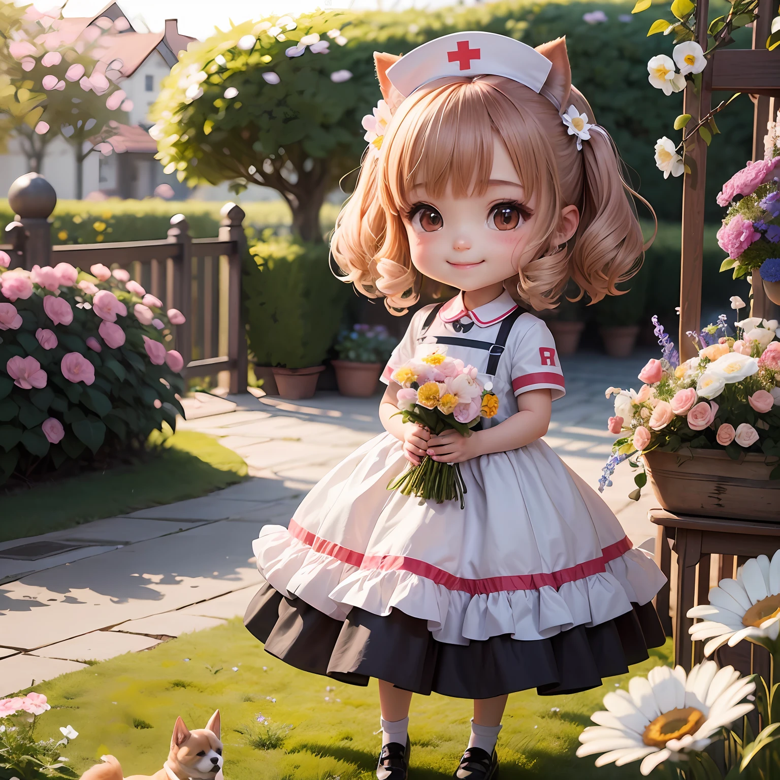 巨作、beste Quality、Ultra detailded、One daughter、dog ears、Chibi Chara、nurse outfit、Flower Garden、wide、colorfully、Large bouquet、Smell、smile on face、Flowers on the face、Beautiful scenery