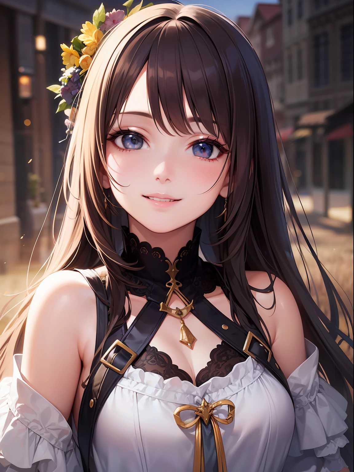 best quality, masterpiece, ultra high res, photorealistic, 1girl, offshoulder, smile