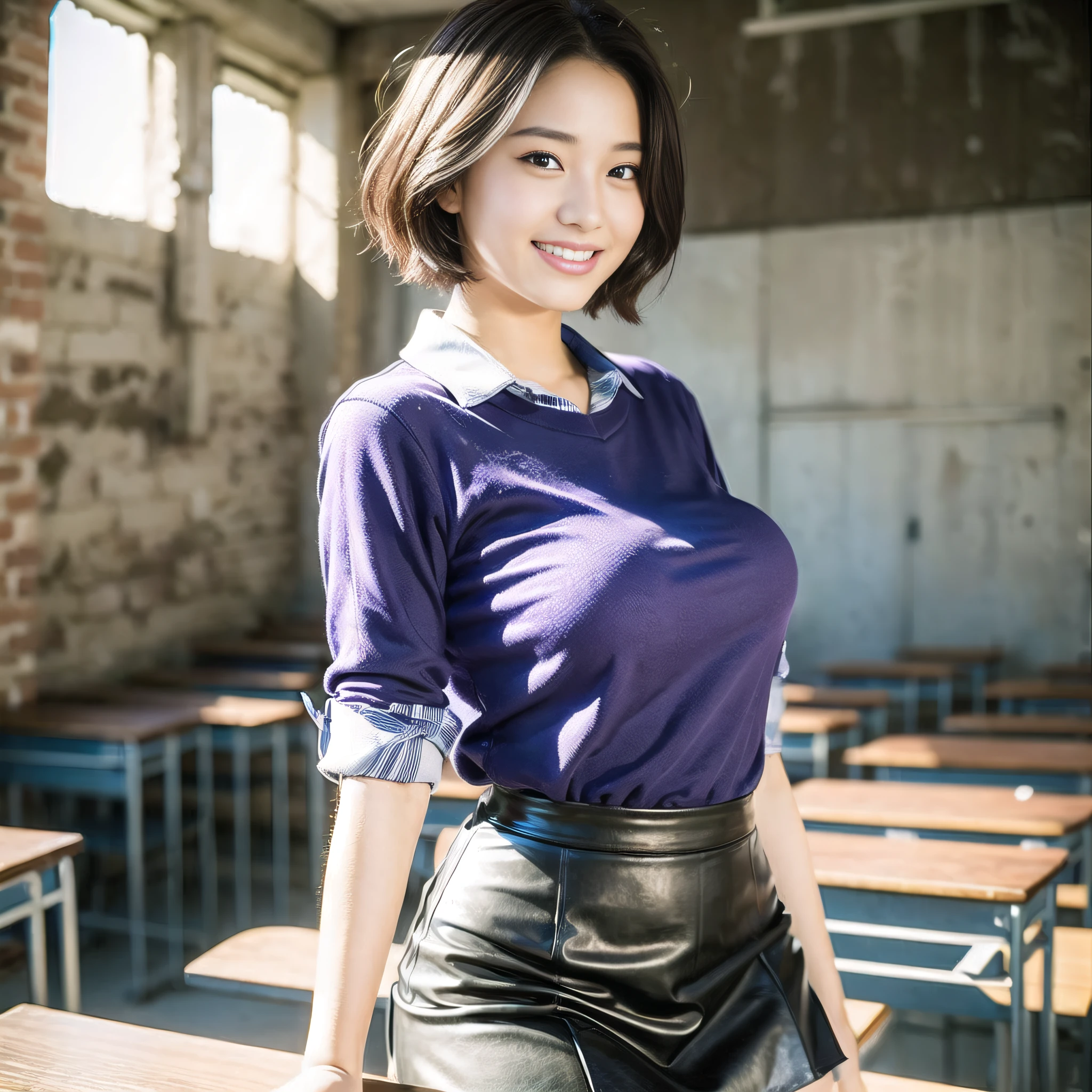 ((top quality, 8k, masterpiece: 1.3)), pretty woman with perfect figure: 1.4, (big breasts: 1.2), very detailed face and skin texture, detailed eyes, high school student, uniform, blouse, miniskirt, (posing at school: 1.2), 1girl, cinematic, full body, goddess of Japan, short hair, smile, there are students, being watched by people,
