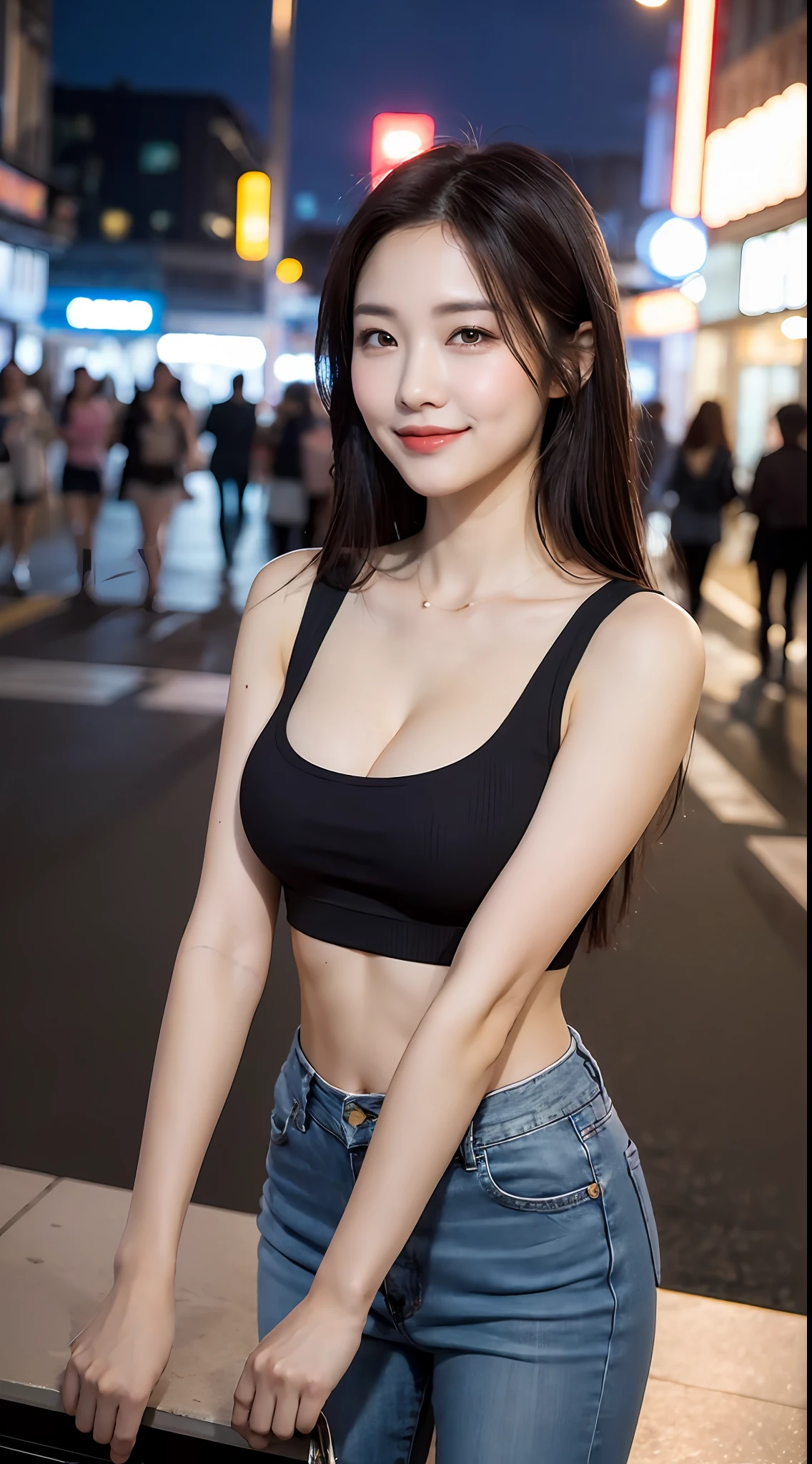 ((Midnight, Best quality, 8k, Masterpiece :1.3)), Whole body, Long legs, Sharp focus :1.2, A pretty woman with perfect figure :1.4, Slender abs :1.1, ((Dark black hair, Big breasts :1.2)), (gray tight tanktop, Jean bib, Standing:1.2), ((night city view, city street:1.3)), Highly detailed face and skin texture, Detailed eyes, Double eyelid, smirk