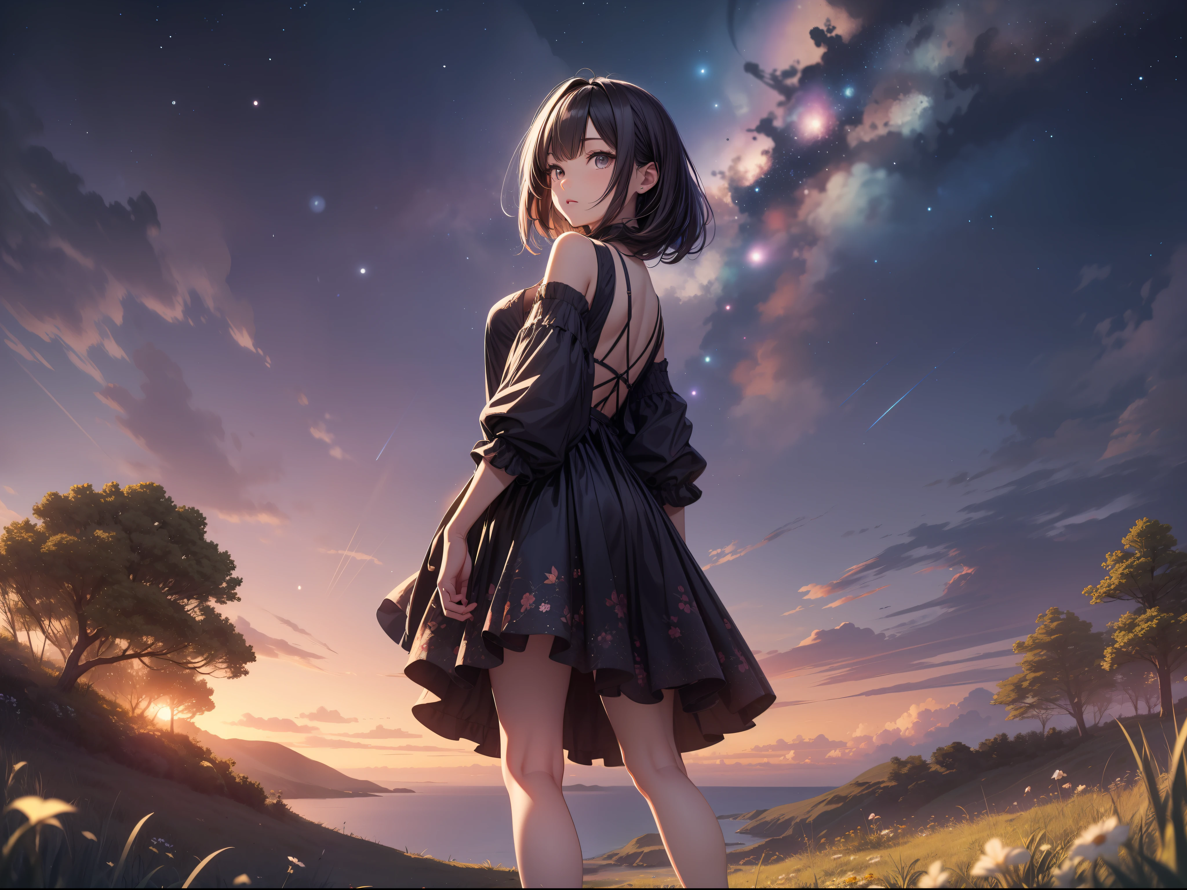 (巨作)、detailded、8K、((Full body back photo visible from head to toe))、Girl in random casual clothes with color and design、short dark hair、Colorful inner hair、Realistic and sharp details、with intricate details、Standing in the back of a meadow on a cliff near the sea, looking up at the ultra-beautiful and full view of multiple starry skies and galaxies.