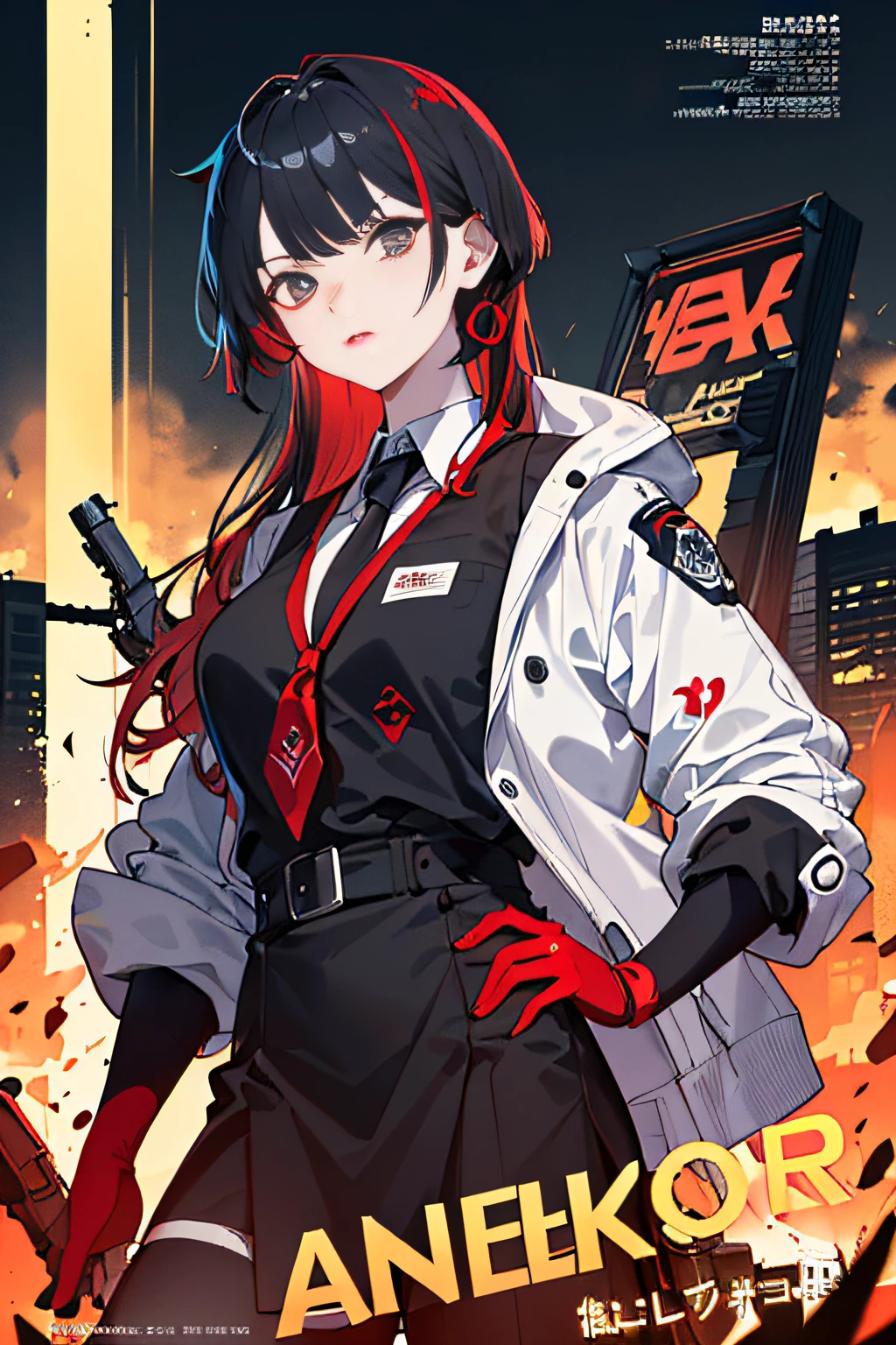 8K，best qualitiy，杰作，wallpaper hd，((((Dramatic))), (((gritty))), (((Intense))) The movie poster features a young woman as the central character。She stands confidently in the center of the poster，Red lips，black color hair，Pick and dye red hair，long haired，Qi bangs，Blunt Bangs，Princess cut bangs in ears，Dress in fashion-forward clothing，Workwear style clothing，Normal attire，With a machine gun on his shoulder，with a determined expression on her face。The background is colorful，There is a summer and strong feeling。The text is bold and eye-catching，With catchy slogans，Adds to the overall drama and excitement。The color palette is dominated by dark colors，Dotted with bright colors，Make the poster dynamic and visually striking，tachi-e (magazine:1.3), (estilo da capa:1.3), stylishly, vibrant, Outfit, posando, Front,rich colourful，Dynamic，backgrounds，elementos，confiante，expressively，Hold，statement，attachment，Majestic，coil，ao redor，tocar，Scenes，text，cover page，ousado，attention-grabbing，titles，stylishly，typeface，Catchy，titles，Bigger，Smart、moderno、Trendy、focus-on、stylishly、
