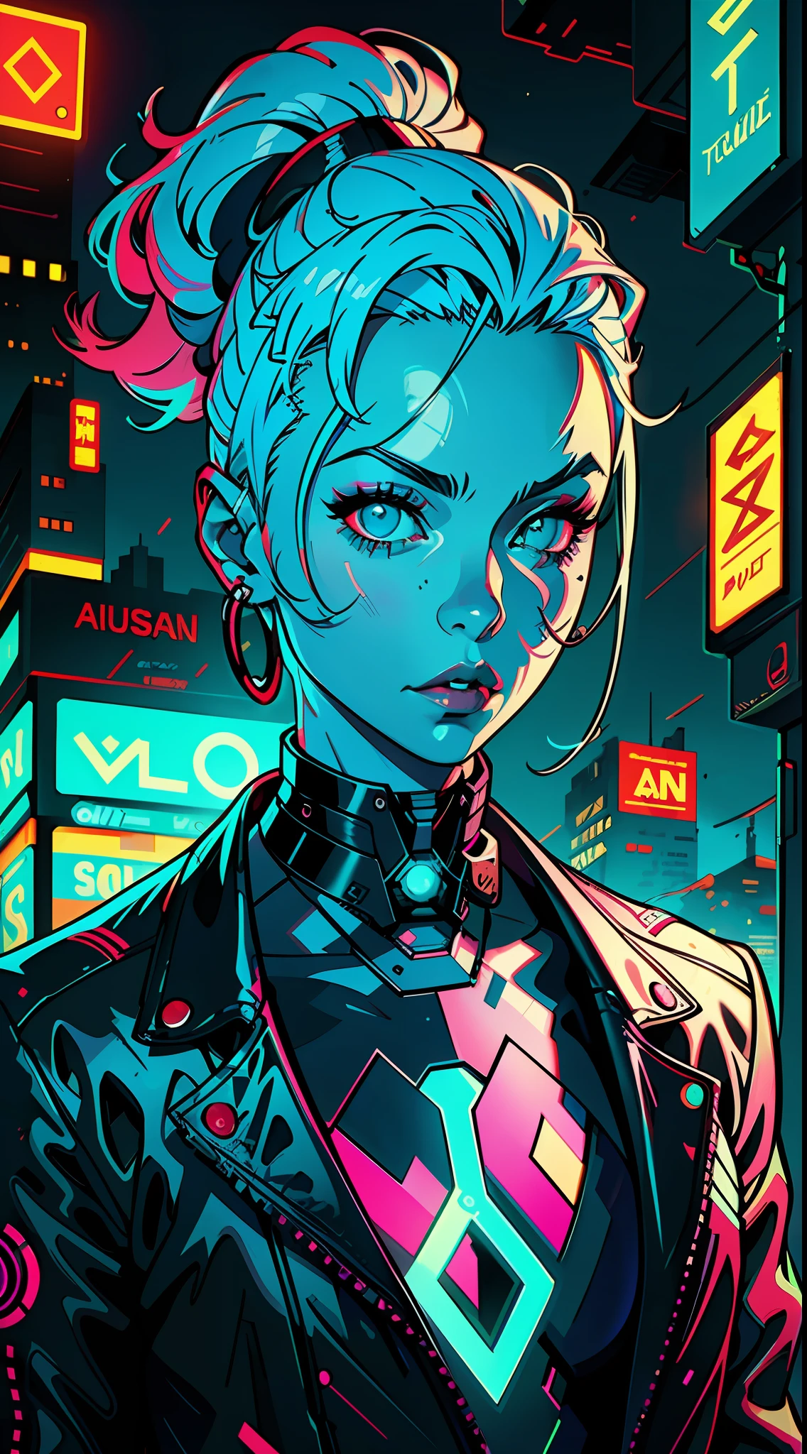 a digital painting of a woman with blue hair, cyberpunk art by Josan Gonzalez, behance contest winner, afrofuturism, synthwave, neon, glowing neon