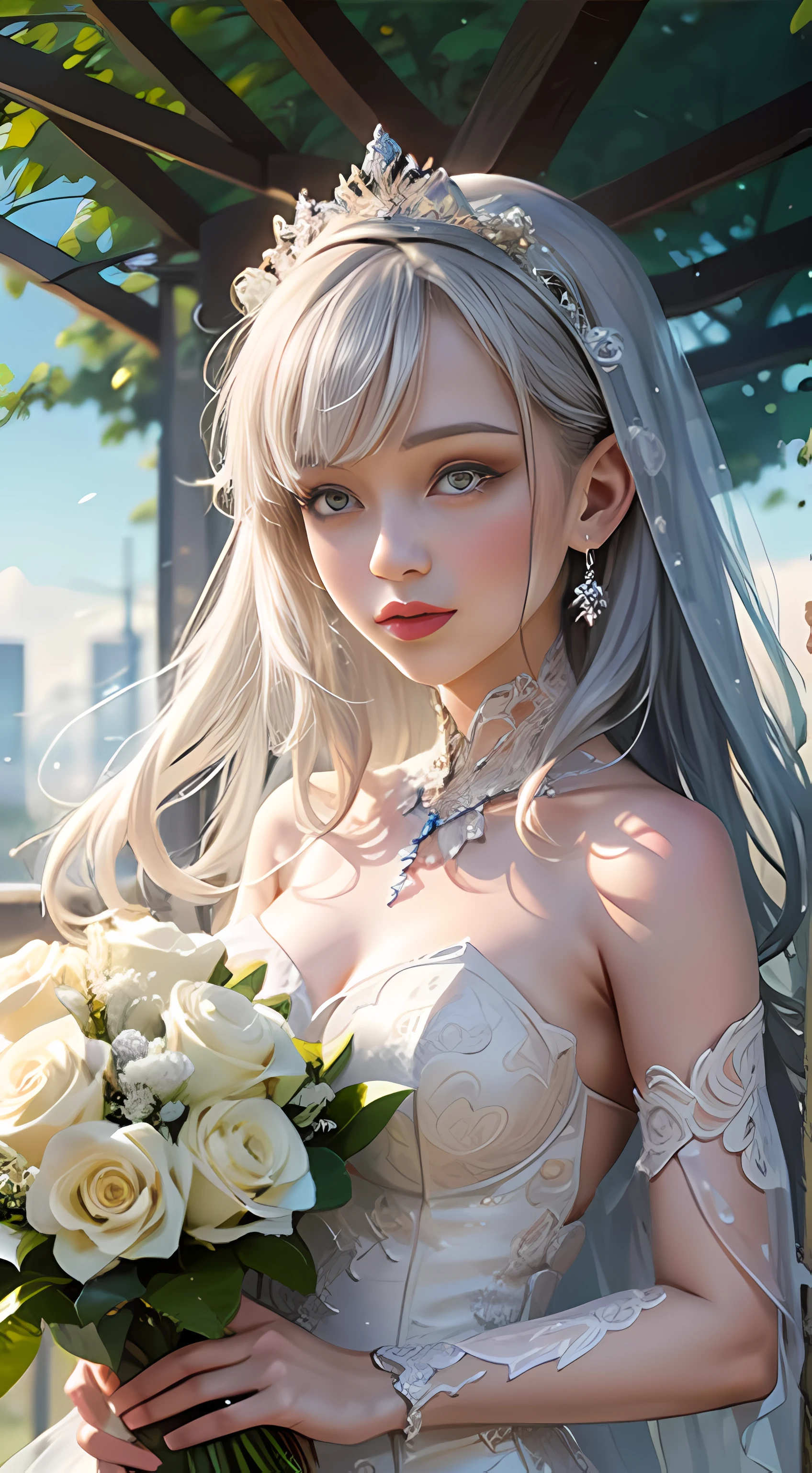 Ultra high quality，8K，1girls，bridal，Silvery hair，Close-up of the head,White lace dress，Bouquet of roses in hand，sun is shining，sun is shining，a brightly coloured