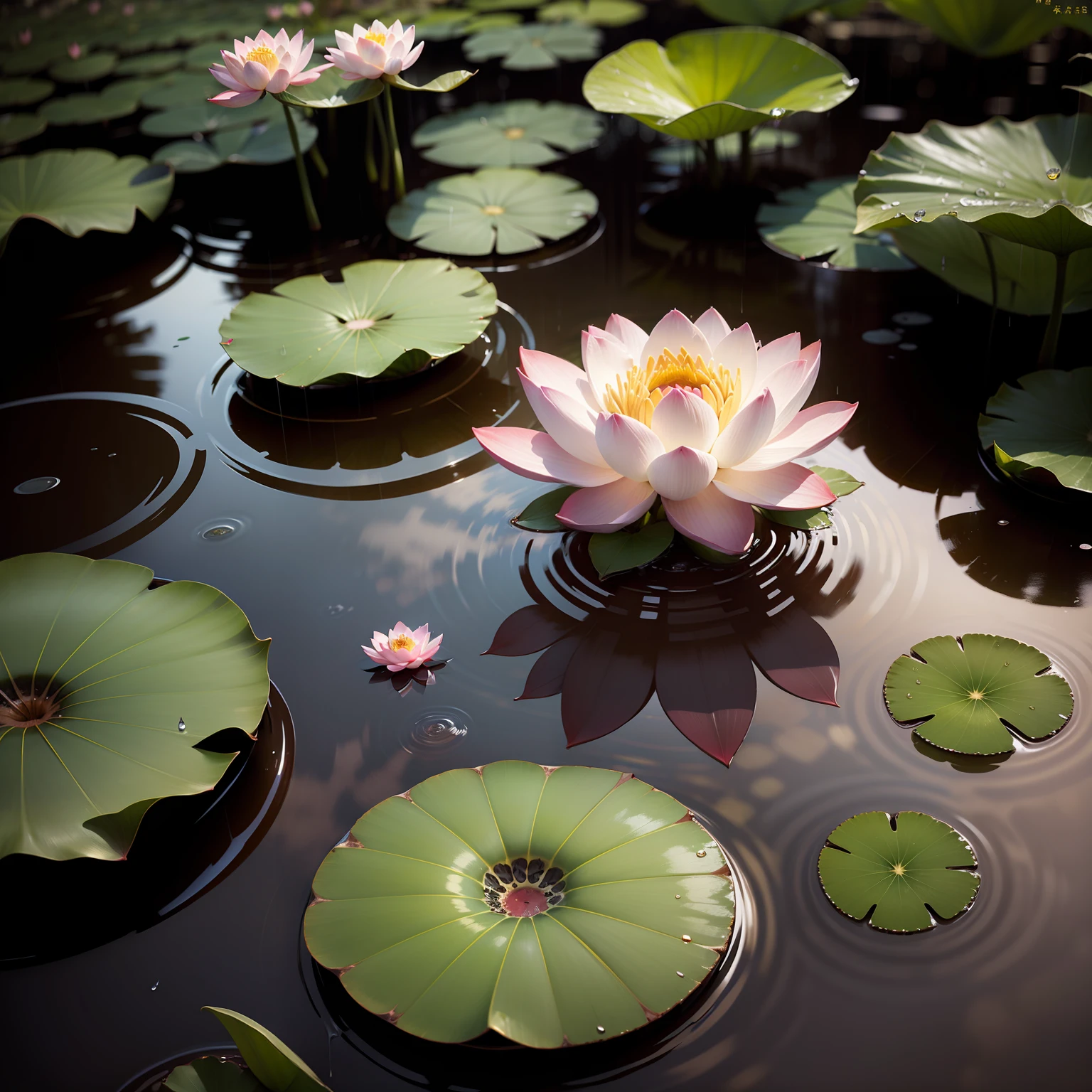 A lotus pond,Raindrops fall on lotus leaves,Lotus flowers sway in the rain。Suitable for depiction in photographic style,Presenting the authenticity and beauty of lotus flowers and ponds。HDR materials,Close up of,Color processing,high-definition --auto