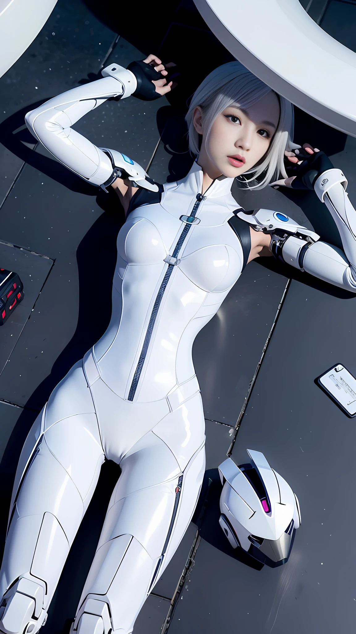 there is a woman in a white suit laying on the ground, perfect android girl, gynoid cyborg body, inspired by Leng Mei, ayanami rei, beautiful female android!, ayanami, beautiful white girl cyborg, cyber suit, gynoid body, rogue anime girl ayanami rei, beautiful female android, beutiful girl cyborg, echo from overwatch