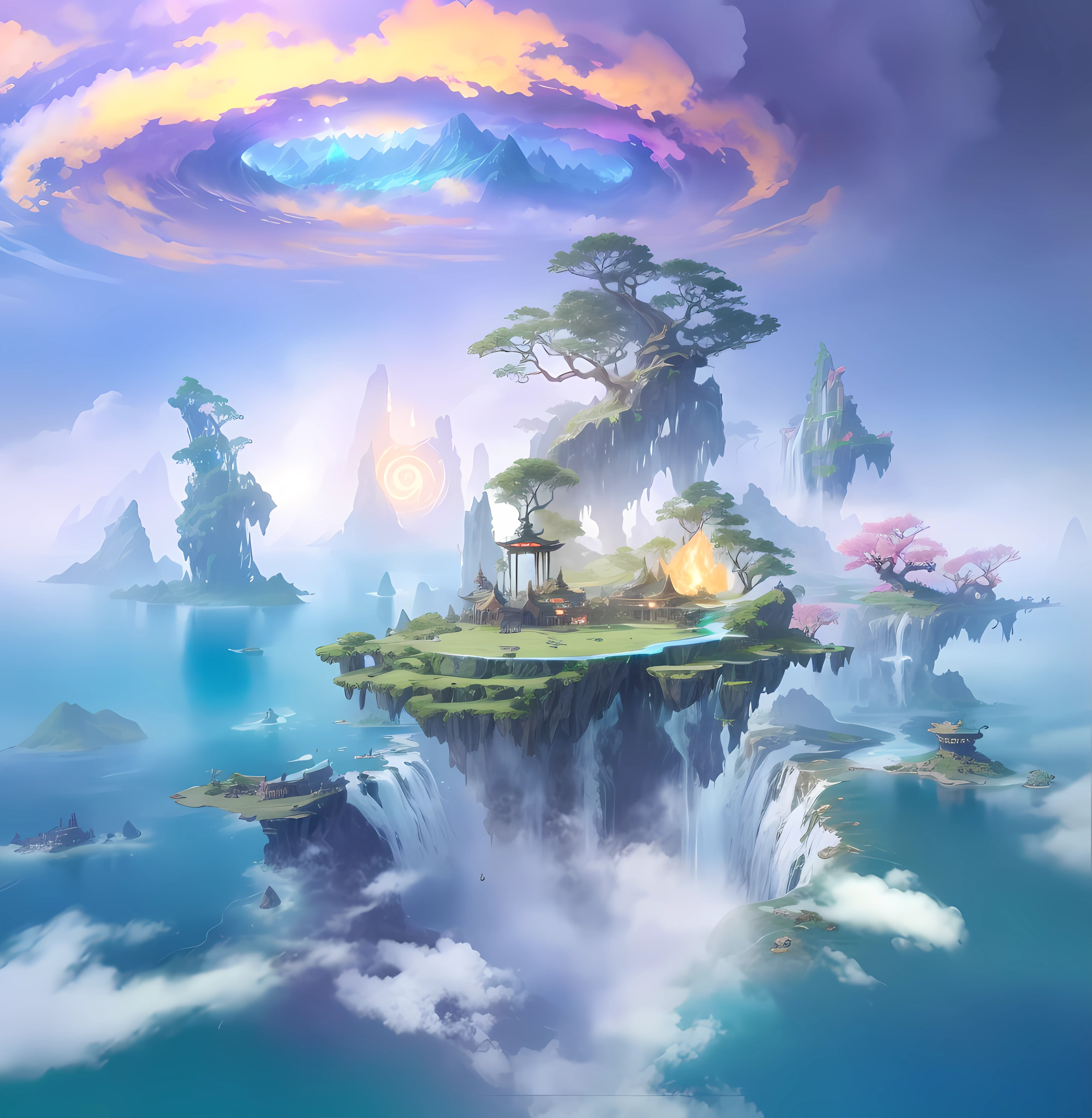 A dragon as huge as a mountain,The figure is visible in the clouds,Senzan Island,(Pavilions in mid-empty clouds),((cloudy day)),roaring,Fierce,((Chinese mythology)),high quallity,ultra fine,detailed work,(16K resolution),Cinematic Lights,Dynamic viewing angle 117/2000 with waterfalls and waterfalls in the middle, fantasy world concept, key art, rossdraws global illumination, 4 k hd illustrative wallpaper, digital 2d fantasy art, Unreal Engine fantasy art, epic dreamlike fantasy landscape, 4k highly detailed digital art, 2. 5 D CGI anime fantasy artwork, Official Splash Art, detailed fantasy digital art