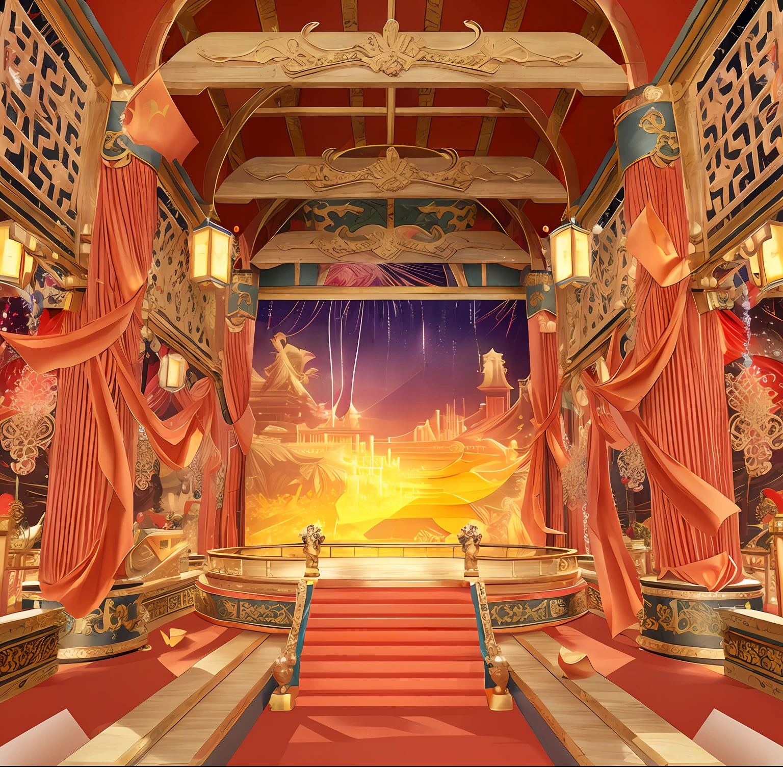 arafed view of a stage with a stage curtain and a stage curtain, rendering of beauty pageant, Beautiful rendering of the Tang Dynasty, decadent throne room, background art deco palace,
