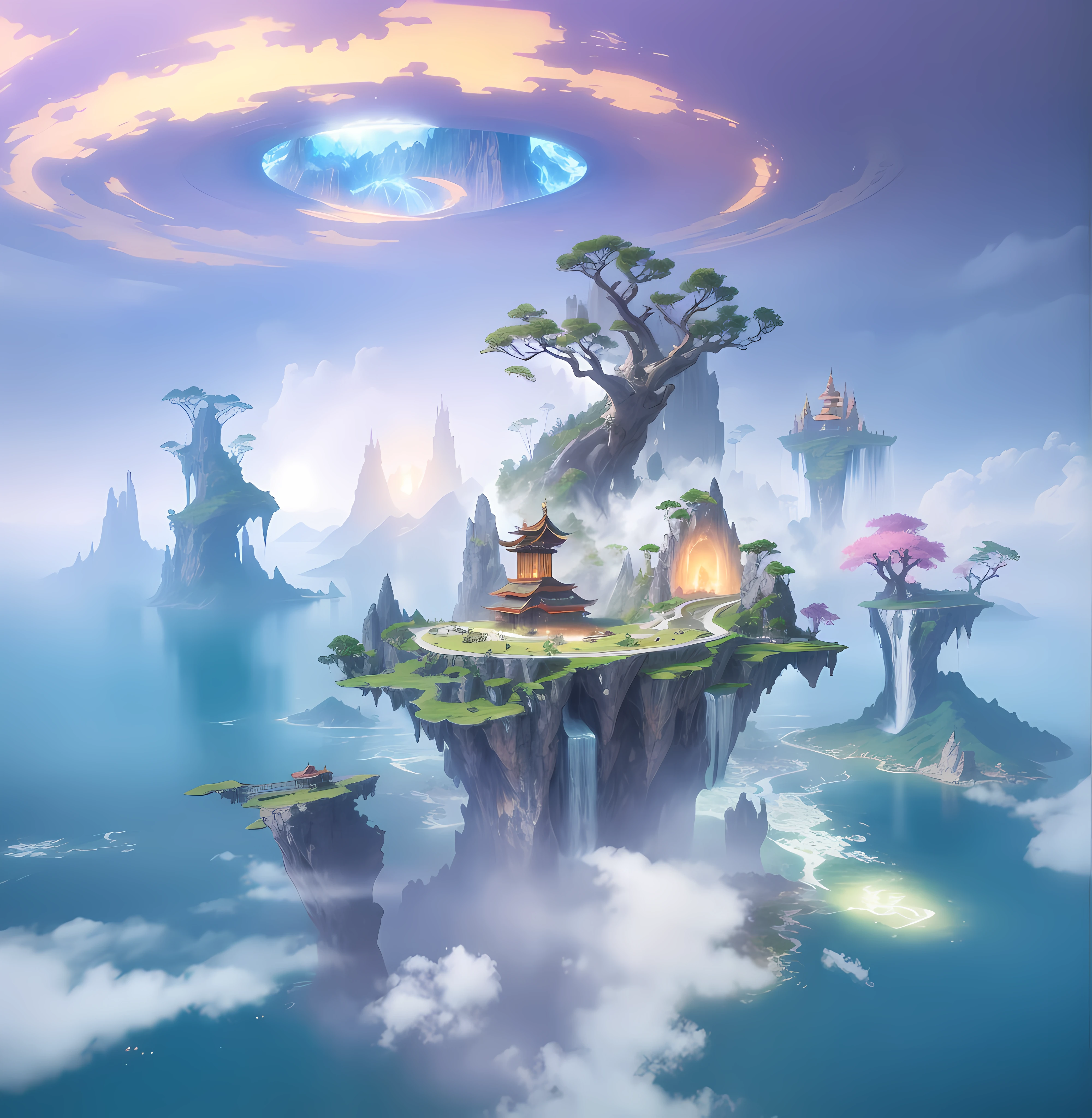 Dragon in the clouds，The figure is visible in the clouds，Senzan Island，（Pavilions in mid-empty clouds），（（dia soleado）），（（Chinese mythology）），high quallity，ultra fine，detailed work，（16K resolution），Cinematic Lights，Dynamic viewing angle 117/2000 with waterfalls and waterfalls in the middle, fantasy world concept, key art, rossdraws global illumination, 4 k hd illustrative wallpaper, digital 2d fantasy art, Unreal Engine fantasy art, epic dreamlike fantasy landscape, 4k highly detailed digital art, 2. 5 D CGI anime fantasy artwork, Official Splash Art, detailed fantasy digital art