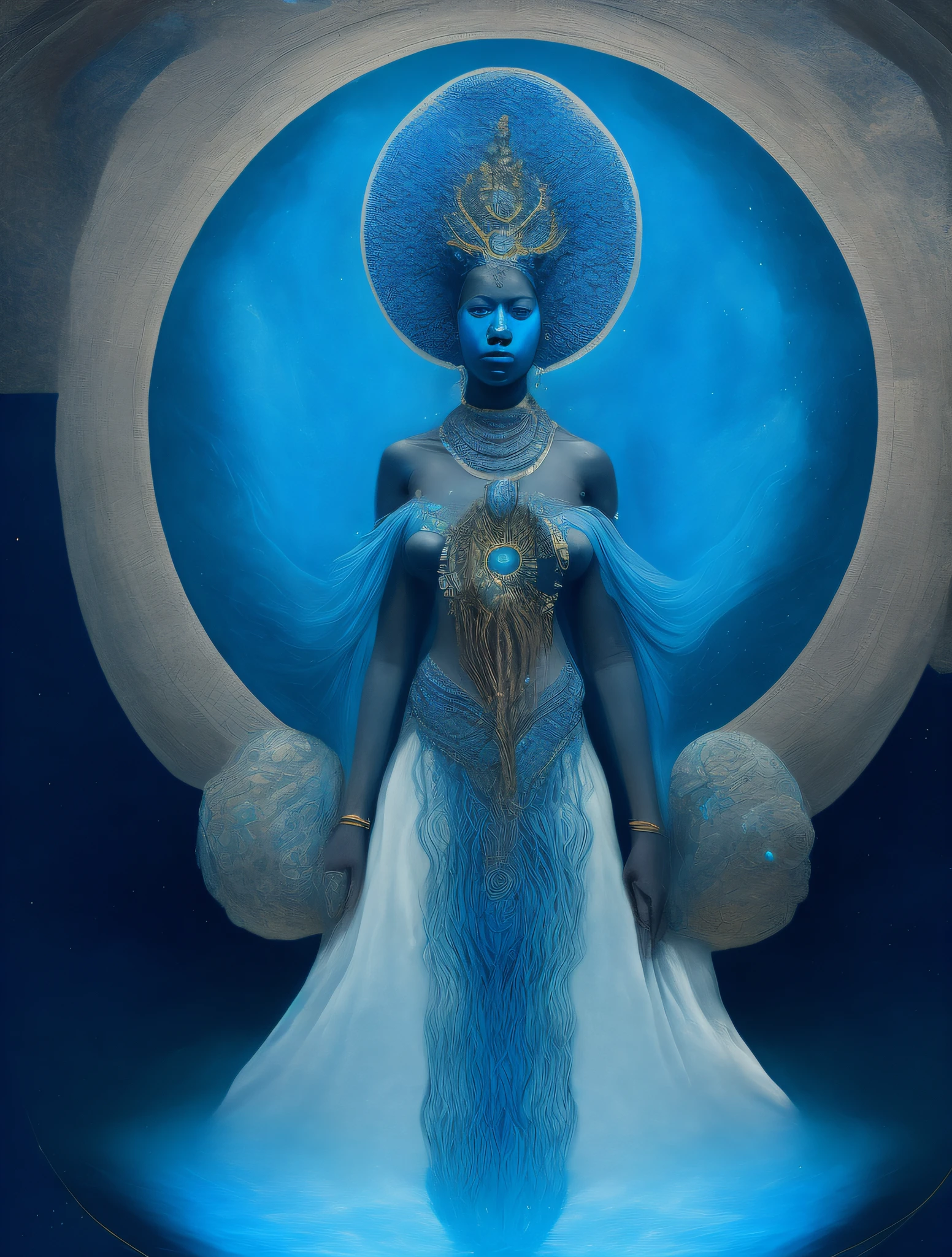 Maria das Águas de Iemanjá, corpo inteiro,panoramica, africana vestindo um ade detalhado e intrincado, branco, azul claro e azul anil, deusa dadas aguas de oceano e rios, olhar meigo, sweet countenance cosmic goddess, Queen of the waters and pombagira, astrofotografia